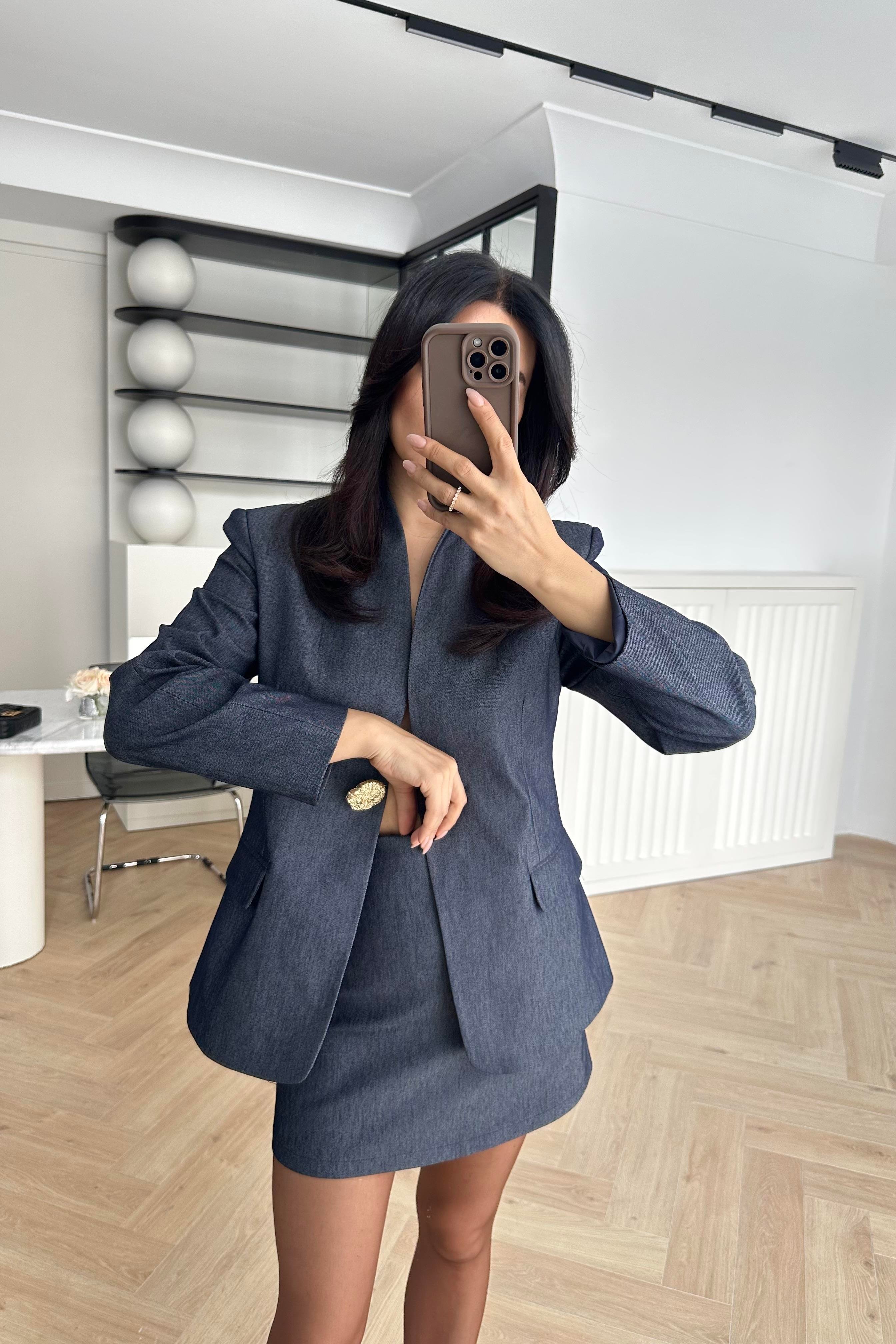 Hakim Yaka Denim Kumaş Tasarım Blazer Ceket Etek Takım