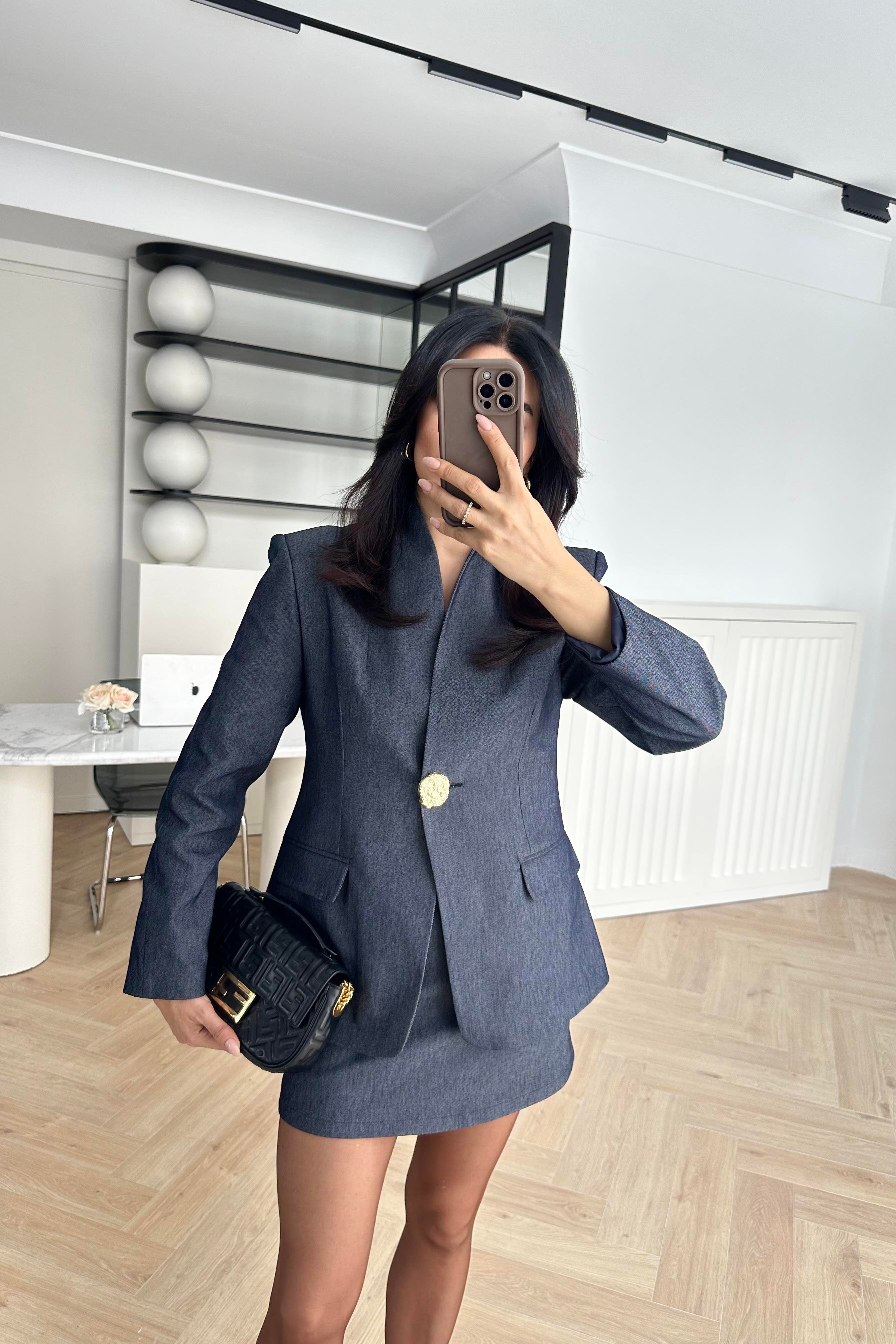 Hakim Yaka Denim Kumaş Tasarım Blazer Ceket Etek Takım