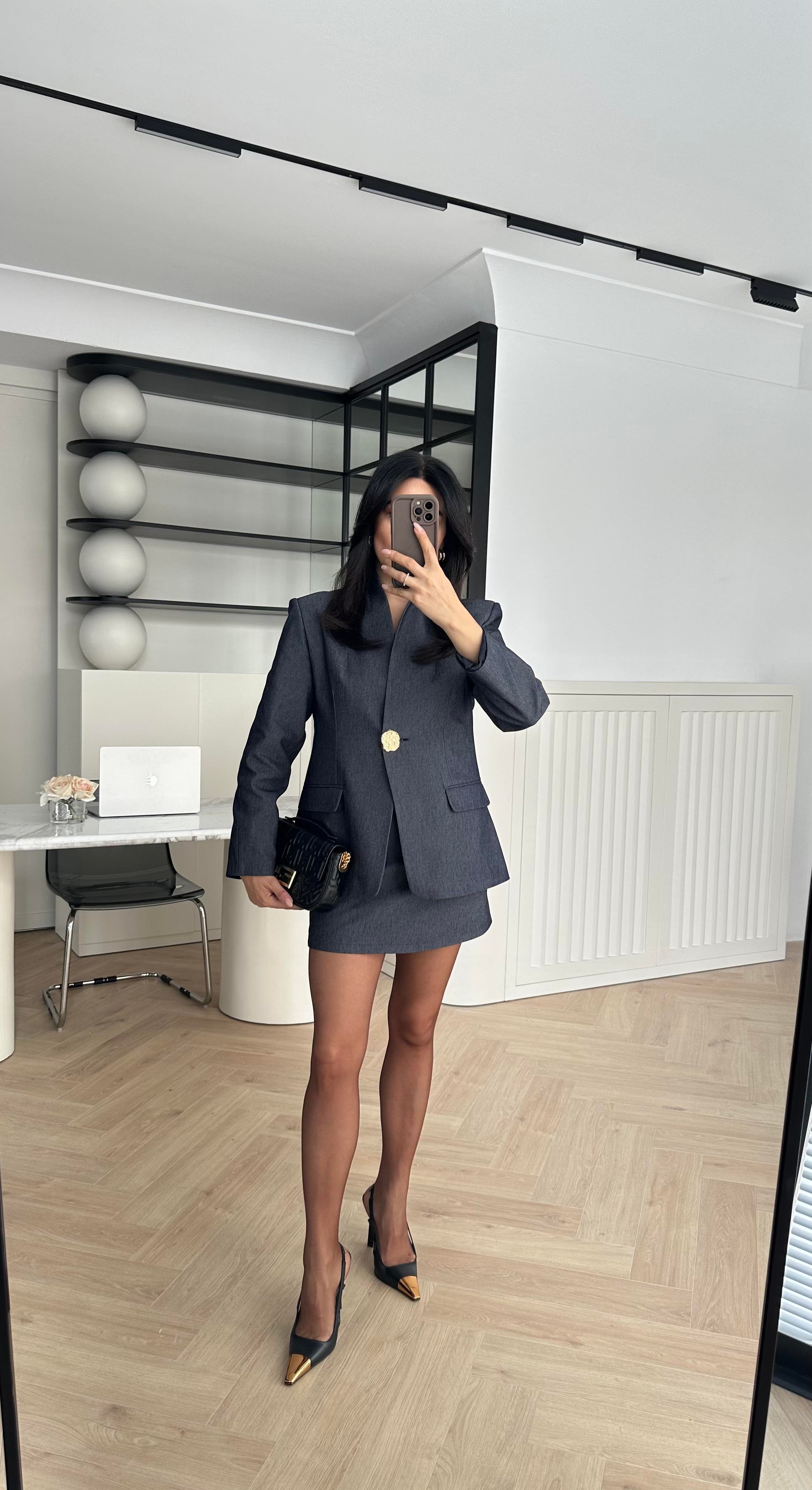 Hakim Yaka Denim Kumaş Tasarım Blazer Ceket Etek Takım