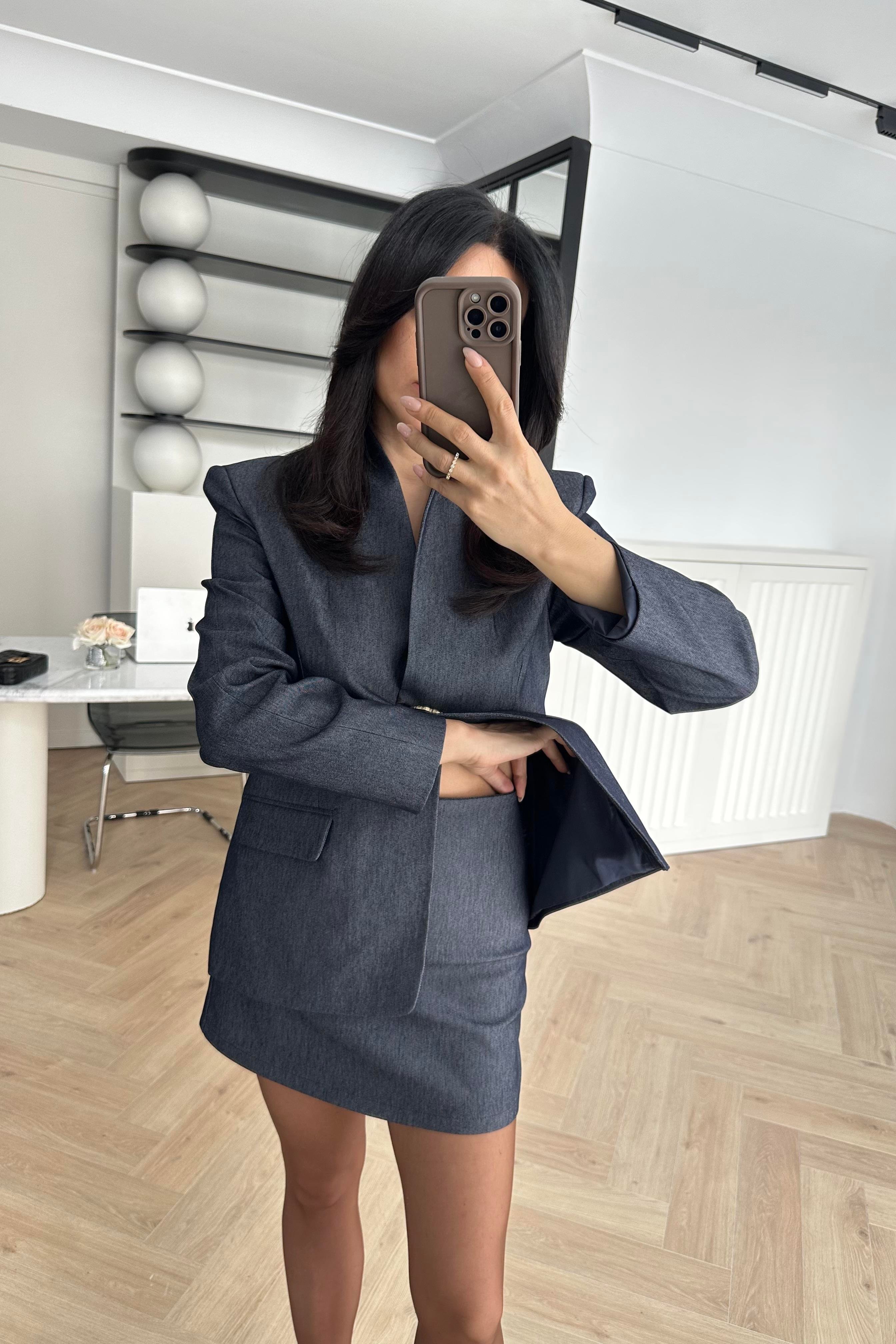 Hakim Yaka Denim Kumaş Tasarım Blazer Ceket Etek Takım