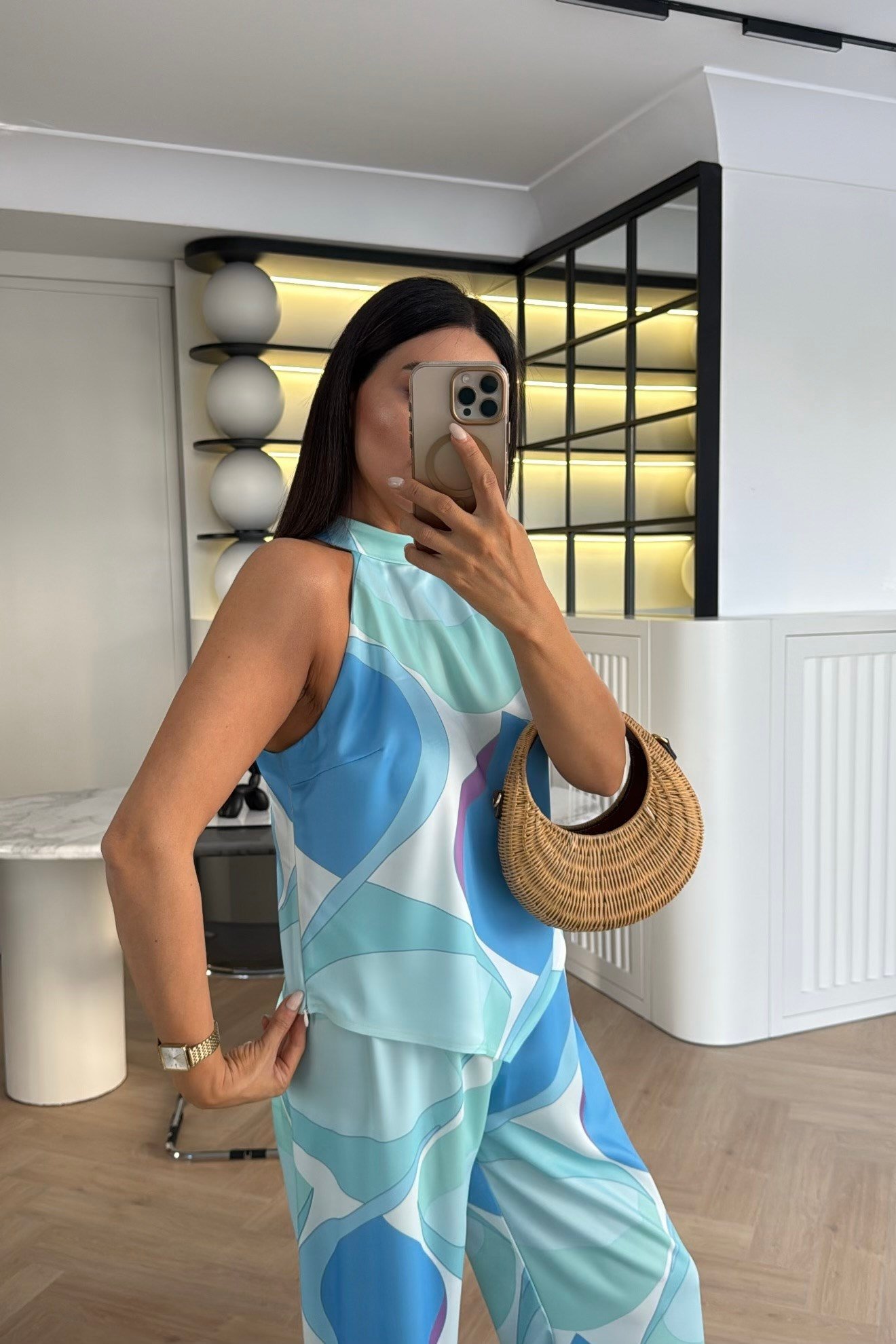 HALTER YAKA DESENLİ SATEN İKİLİ TAKIM BEBE MAVİSİ 