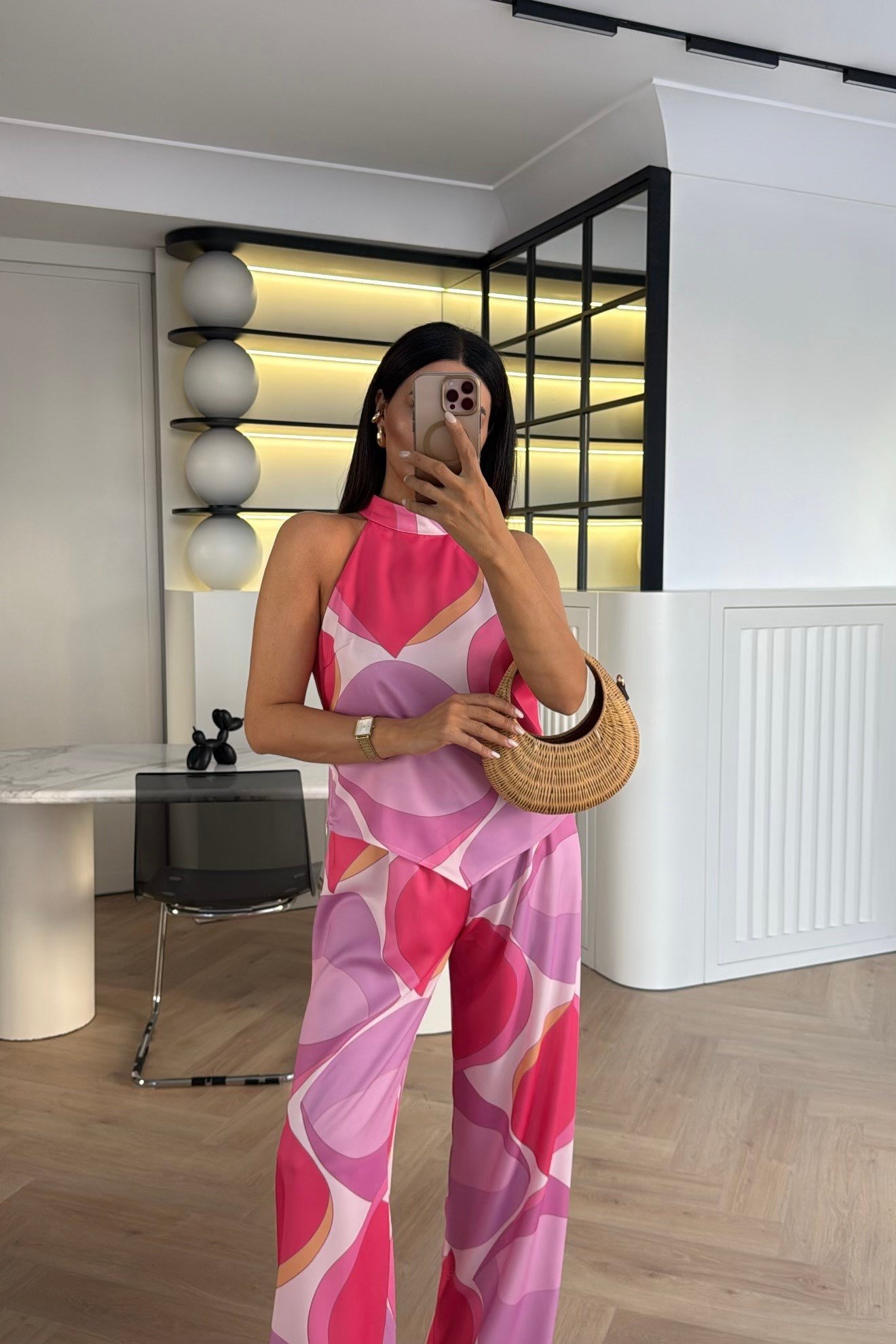 HALTER YAKA DESENLİ SATEN İKİLİ TAKIM PEMBE 