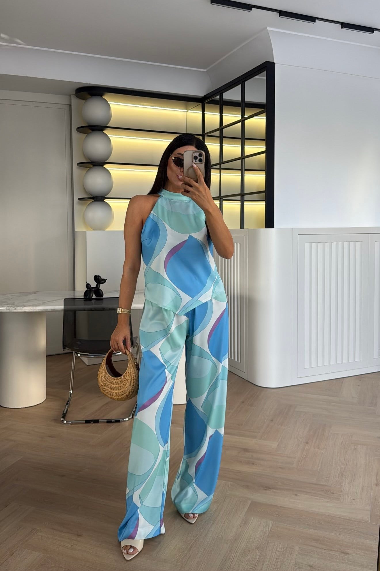 HALTER YAKA DESENLİ SATEN İKİLİ TAKIM BEBE MAVİSİ 