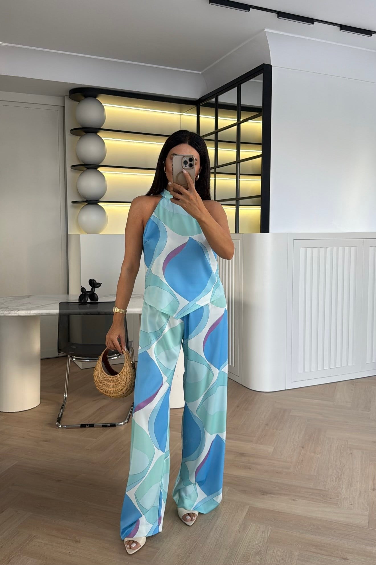 HALTER YAKA DESENLİ SATEN İKİLİ TAKIM BEBE MAVİSİ 
