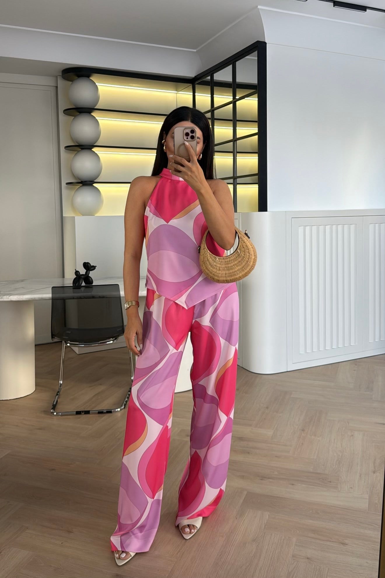 HALTER YAKA DESENLİ SATEN İKİLİ TAKIM PEMBE 