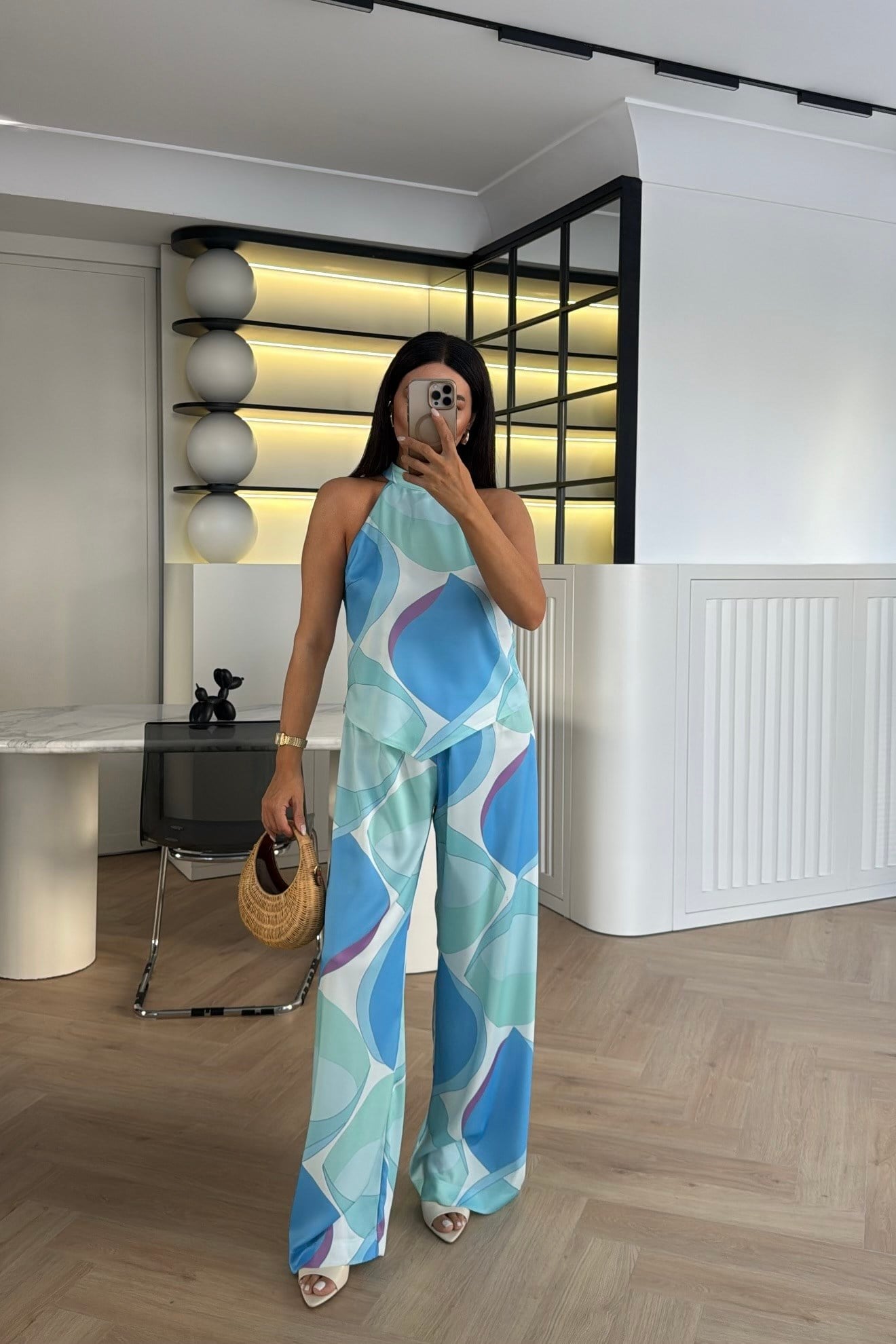 HALTER YAKA DESENLİ SATEN İKİLİ TAKIM BEBE MAVİSİ 