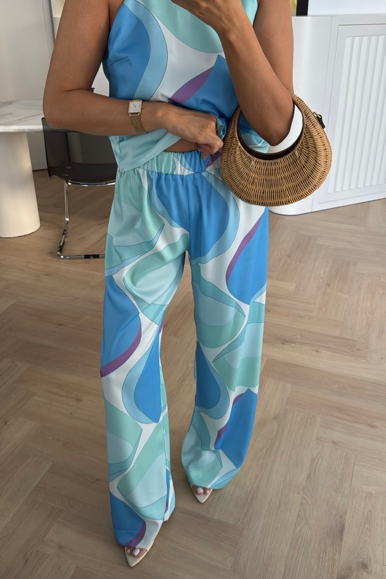 HALTER YAKA DESENLİ SATEN İKİLİ TAKIM BEBE MAVİSİ 
