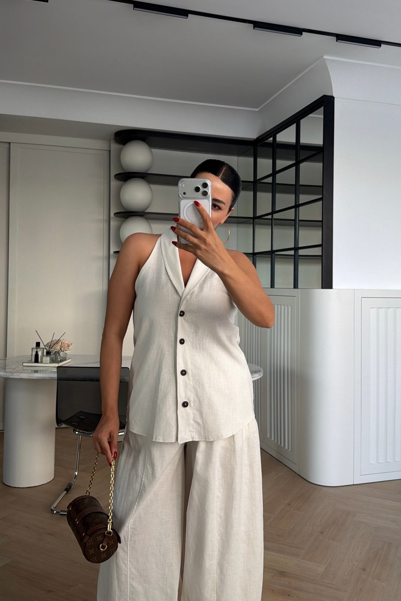 HALTER YAKA KETEN TAKIM BEYAZ