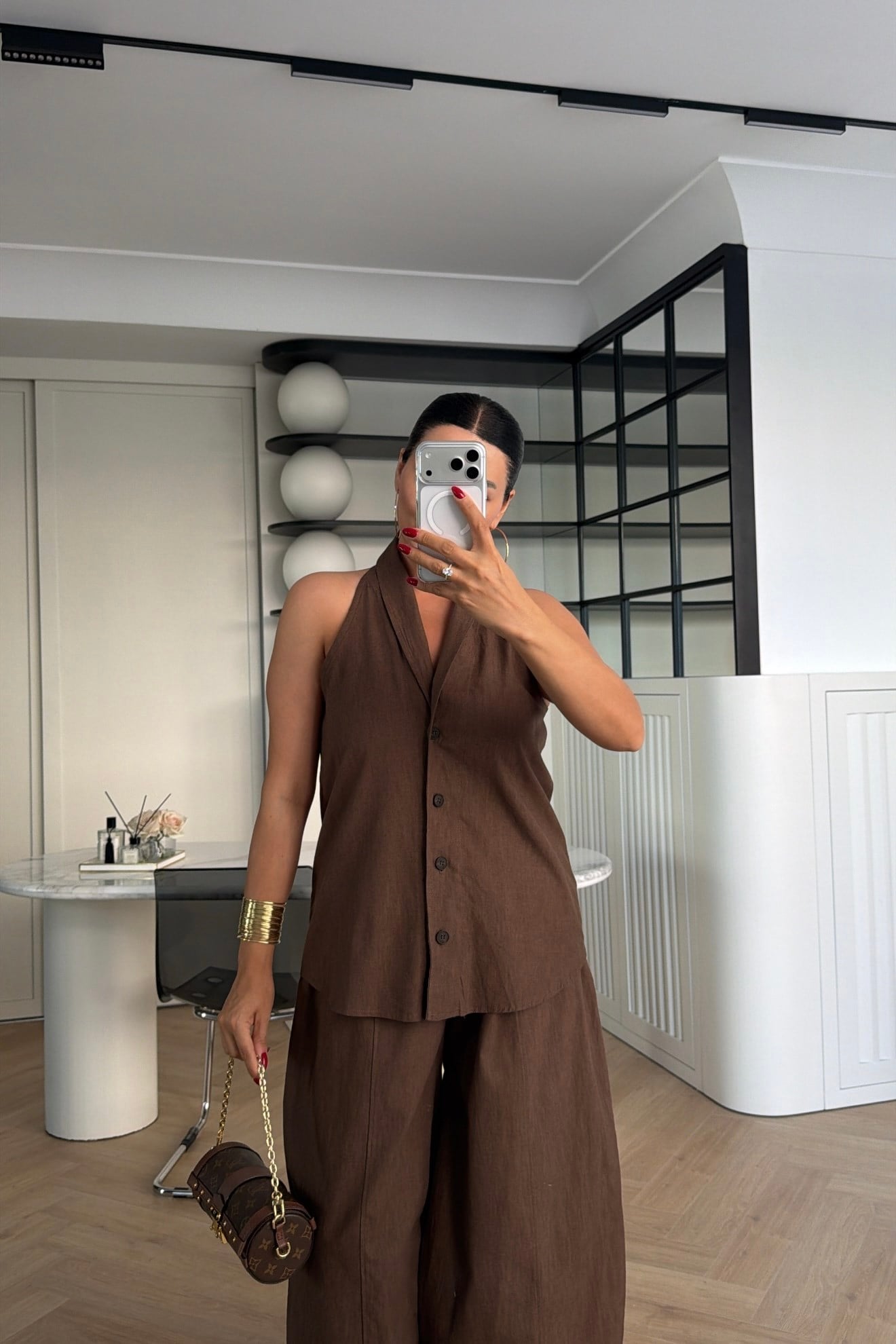 HALTER YAKA KETEN TAKIM KAHVE 