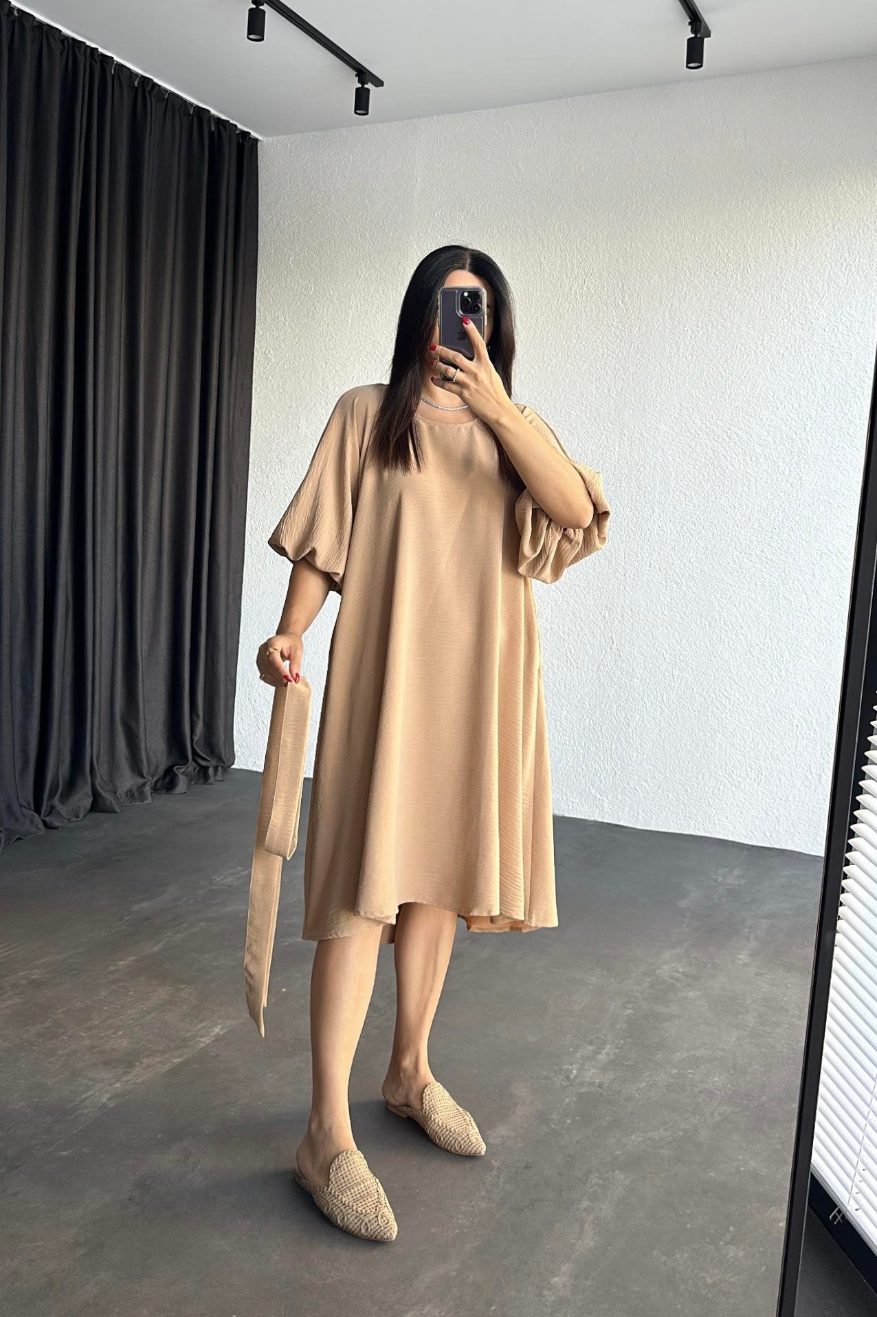 Hardal Balon Kol Oversize Keten Elbise