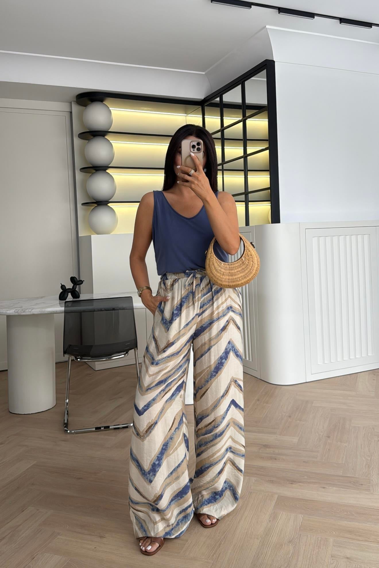 İNDİGO DESENLİ BELİ LASTİKLİ PALAZZO