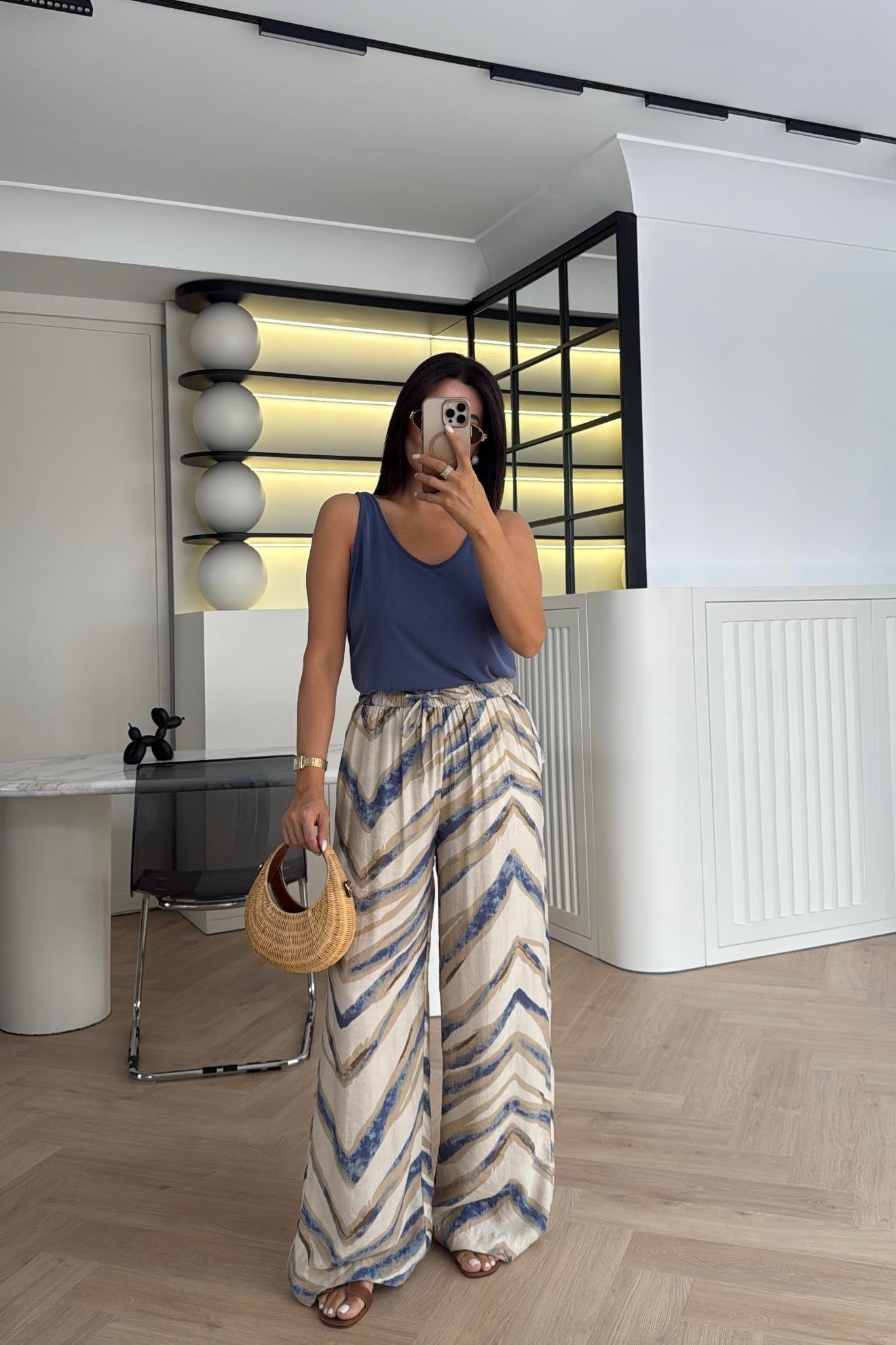 İNDİGO DESENLİ BELİ LASTİKLİ PALAZZO
