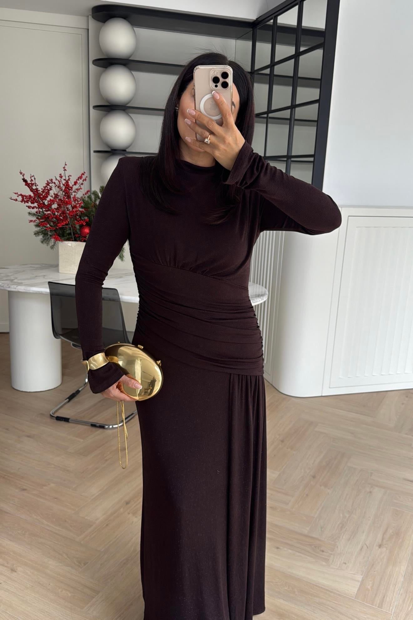 IŞILTILI MAXİ BOY TASARIM ELBİSE KAHVE