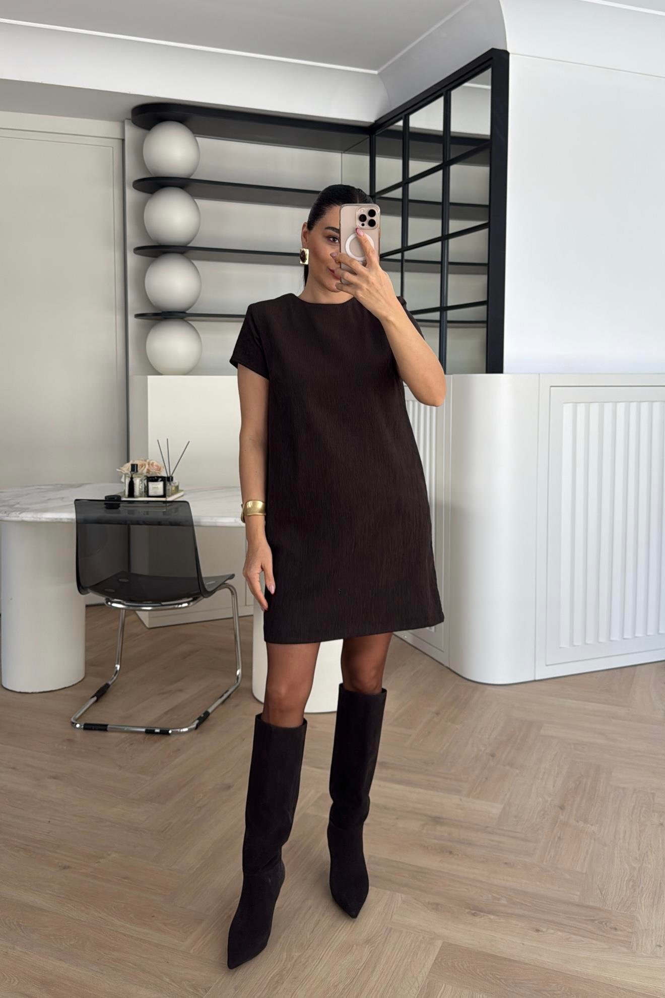 KADİFE CEPLİ KEMERLİ ELBİSE KAHVERENGİ 