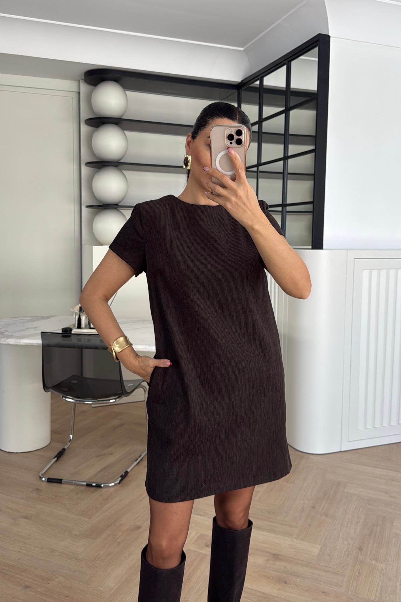 KADİFE CEPLİ KEMERLİ ELBİSE KAHVERENGİ 