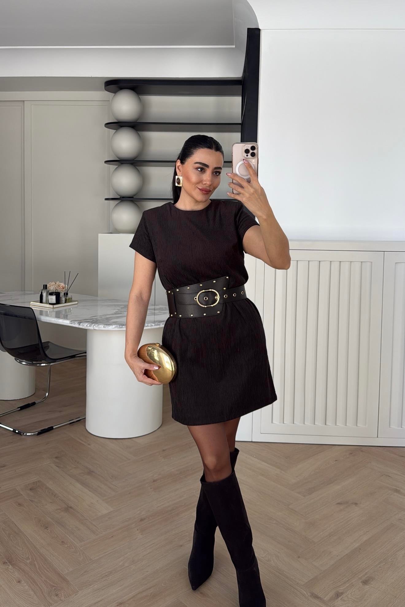 KADİFE CEPLİ KEMERLİ ELBİSE KAHVERENGİ 