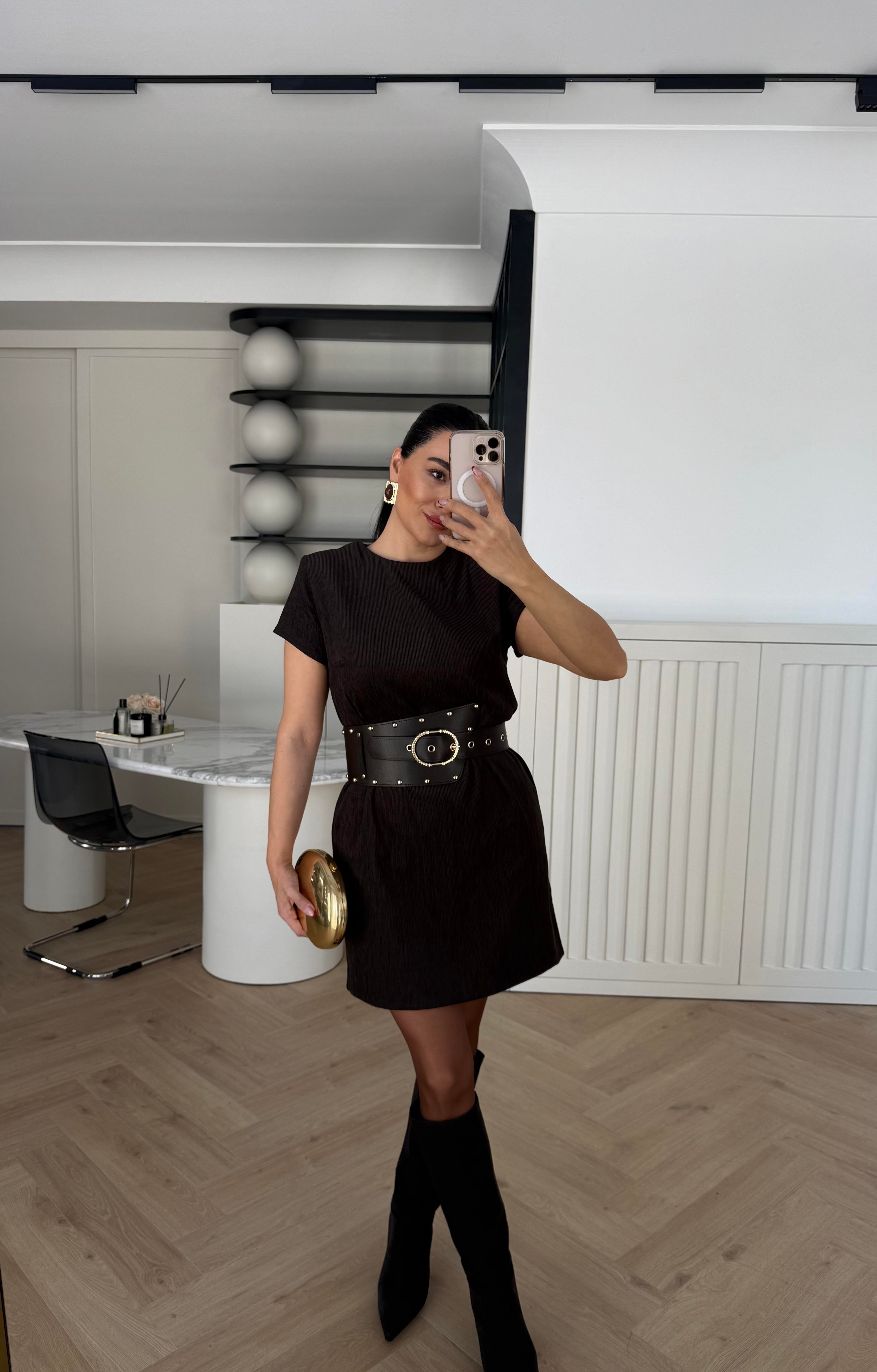 KADİFE CEPLİ KEMERLİ ELBİSE KAHVERENGİ 