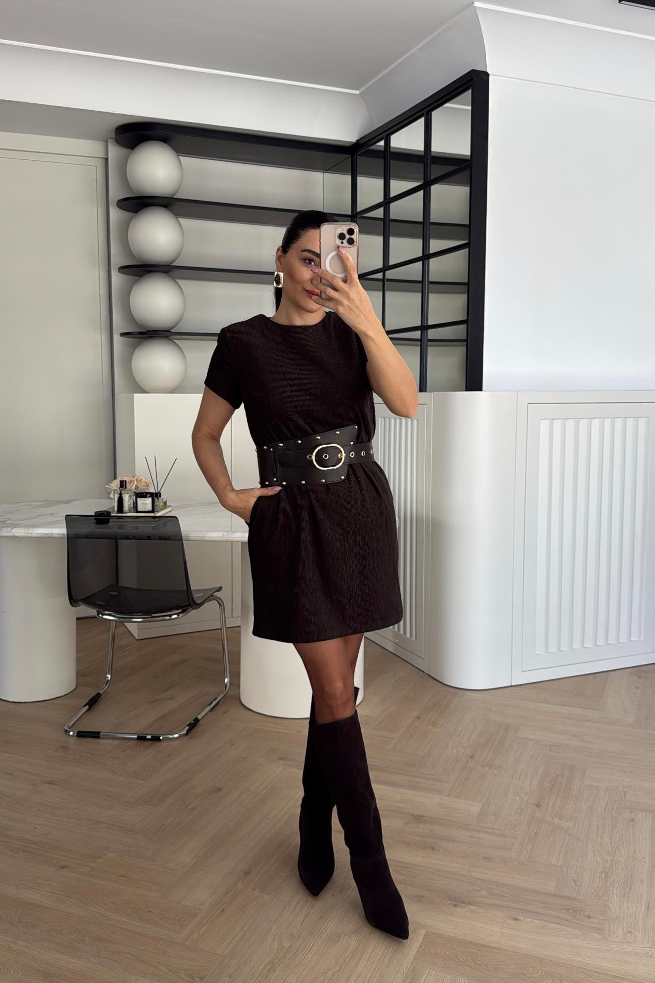 KADİFE CEPLİ KEMERLİ ELBİSE KAHVERENGİ 