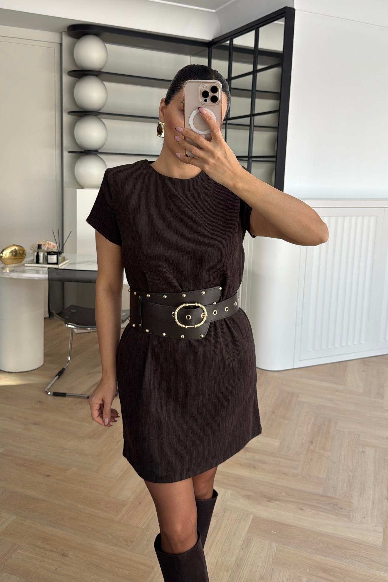 KADİFE CEPLİ KEMERLİ ELBİSE KAHVERENGİ 