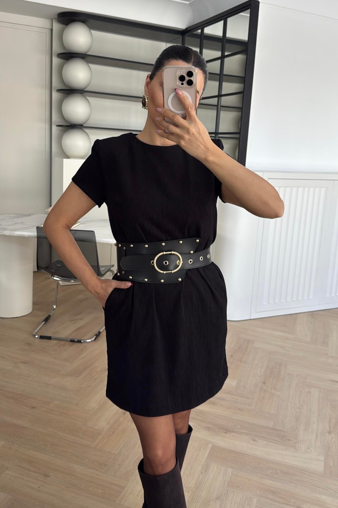 KADİFE CEPLİ KEMERLİ ELBİSE SİYAH 