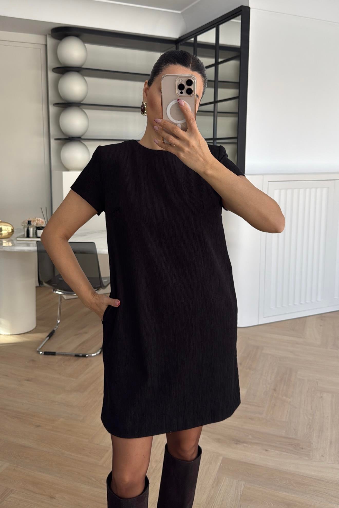 KADİFE CEPLİ KEMERLİ ELBİSE SİYAH 