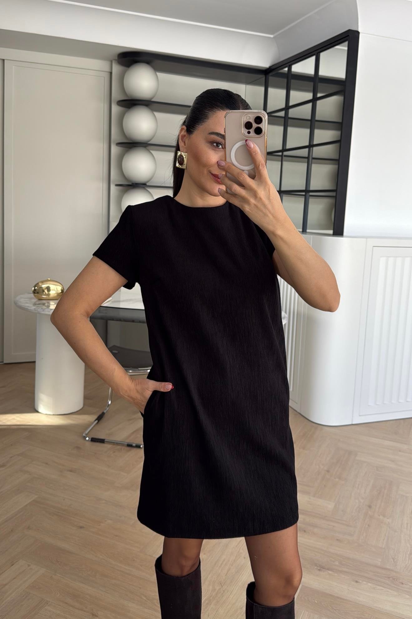 KADİFE CEPLİ KEMERLİ ELBİSE SİYAH 