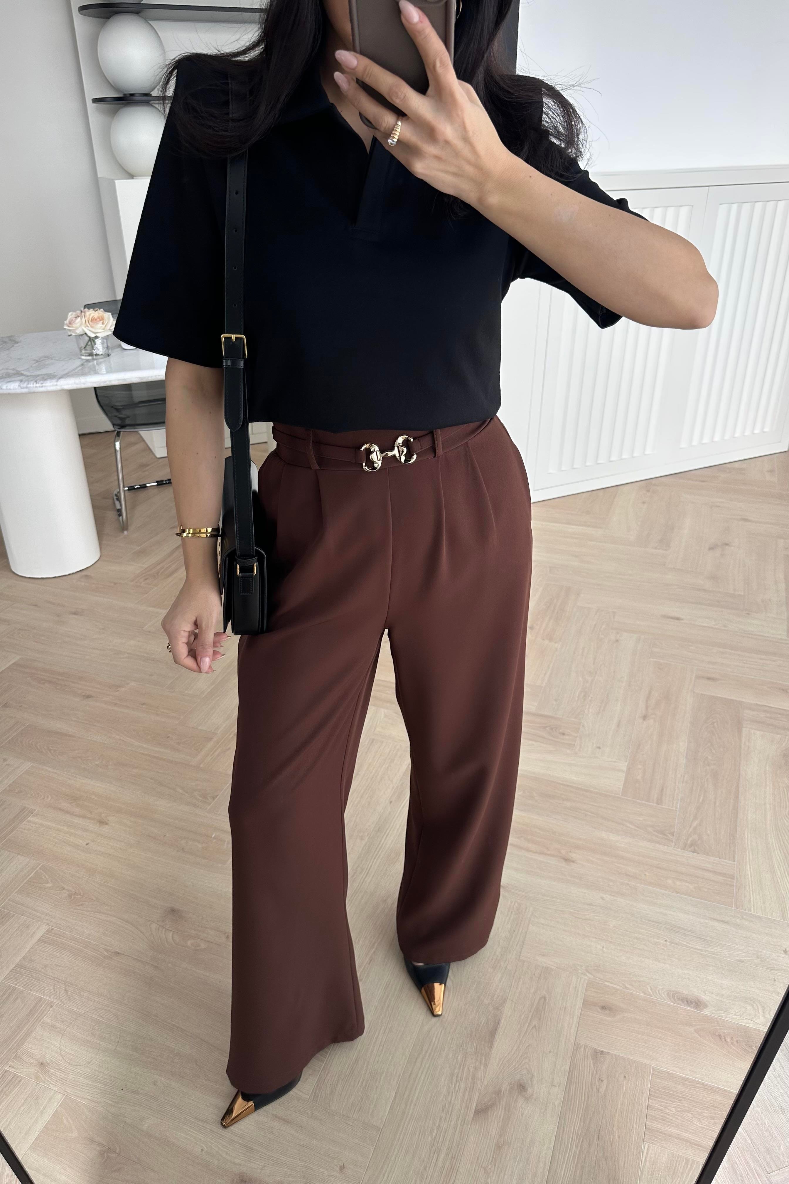 Kahve Arkası Lastikli Gold Tokalı Palazzo Pantolon 