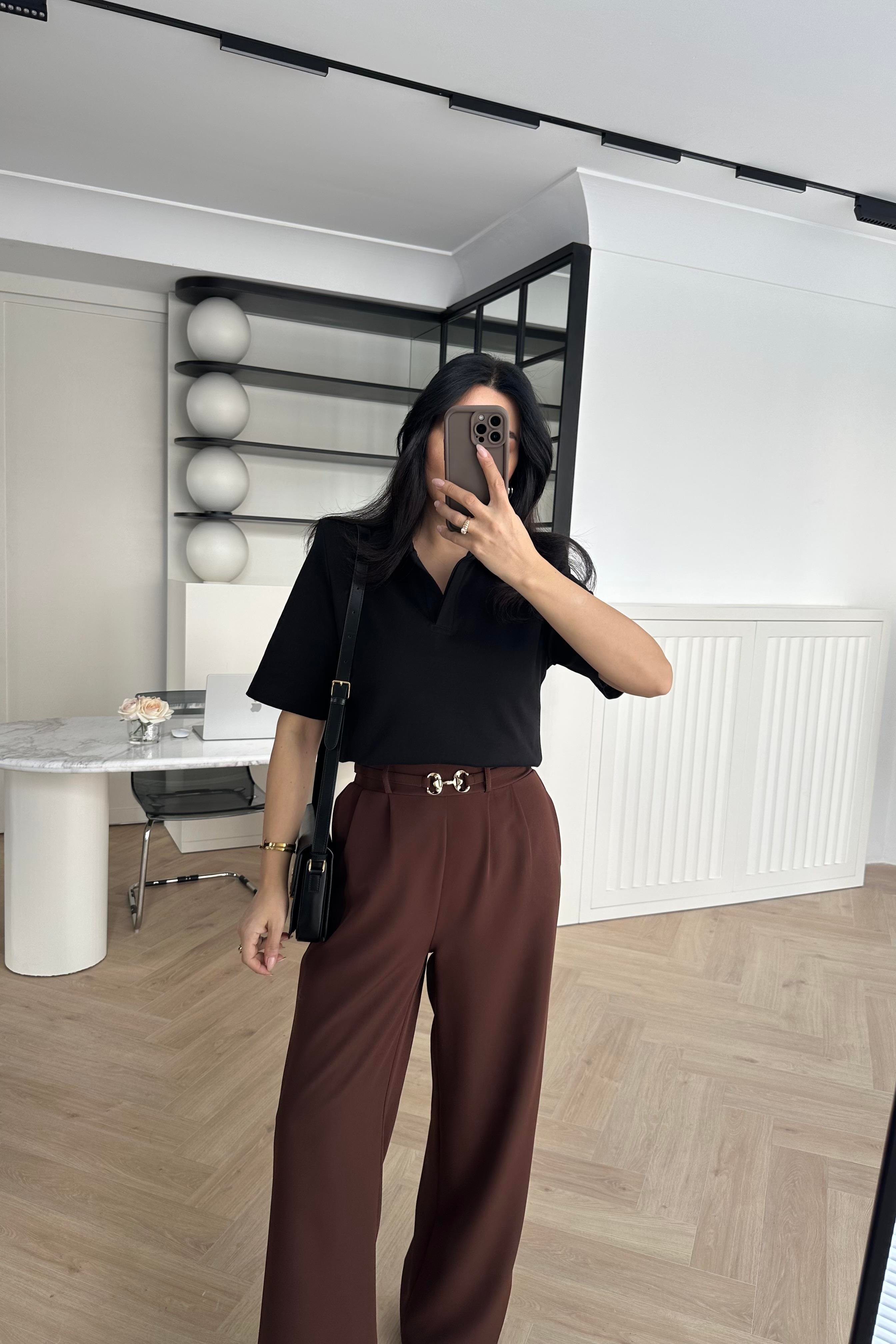 Kahve Arkası Lastikli Gold Tokalı Palazzo Pantolon 