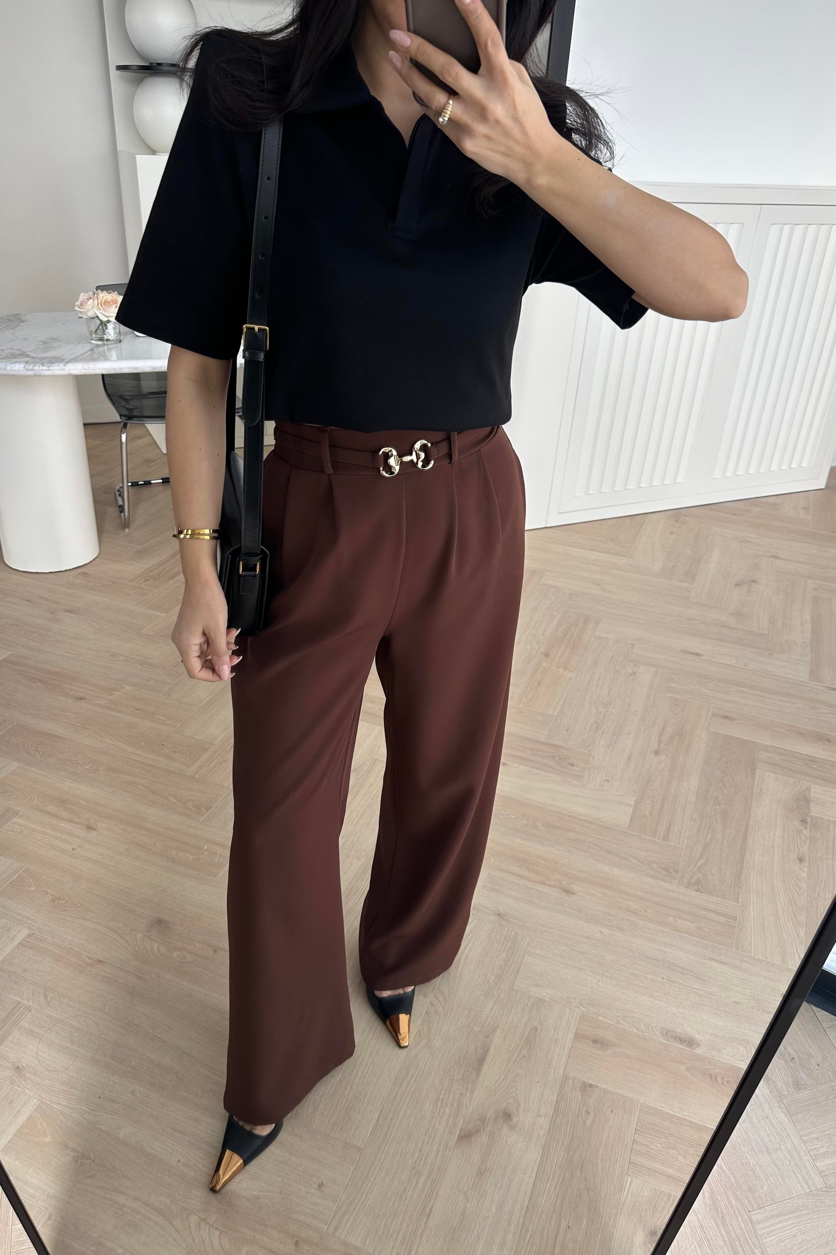 Kahve Arkası Lastikli Gold Tokalı Palazzo Pantolon 