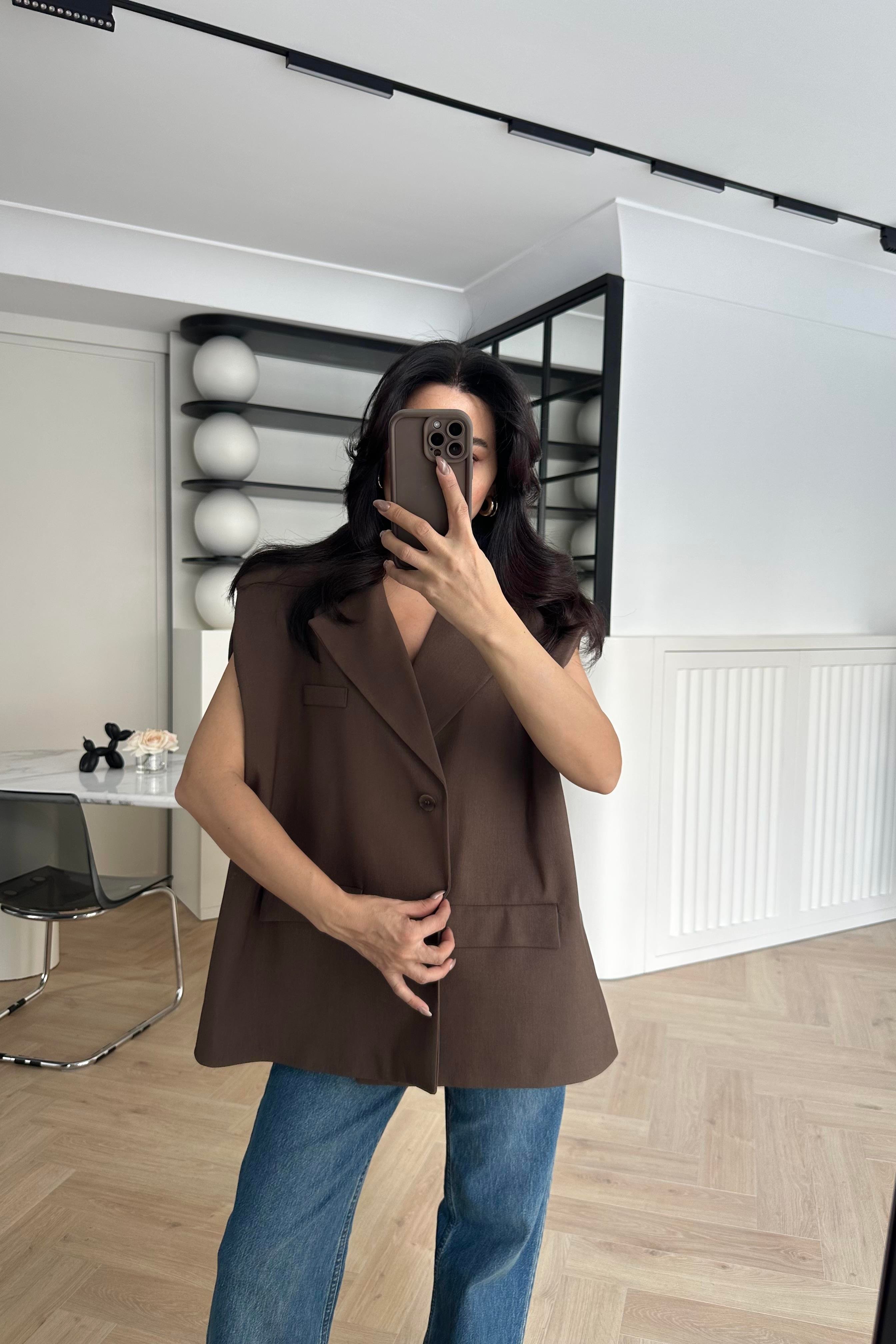 Kahve Astarlı Kemerli Vatkalı Yelek 