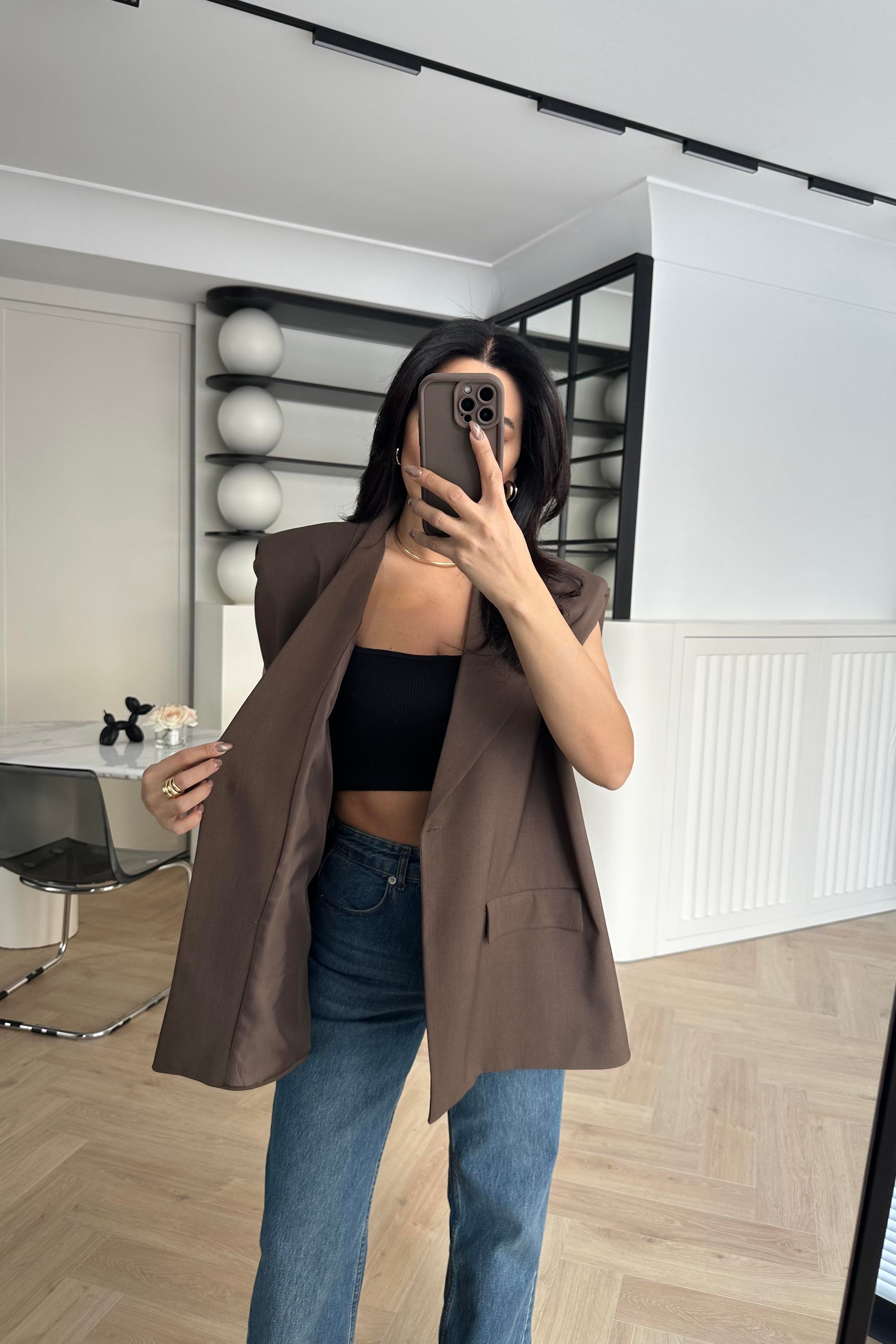 Kahve Astarlı Kemerli Vatkalı Yelek 