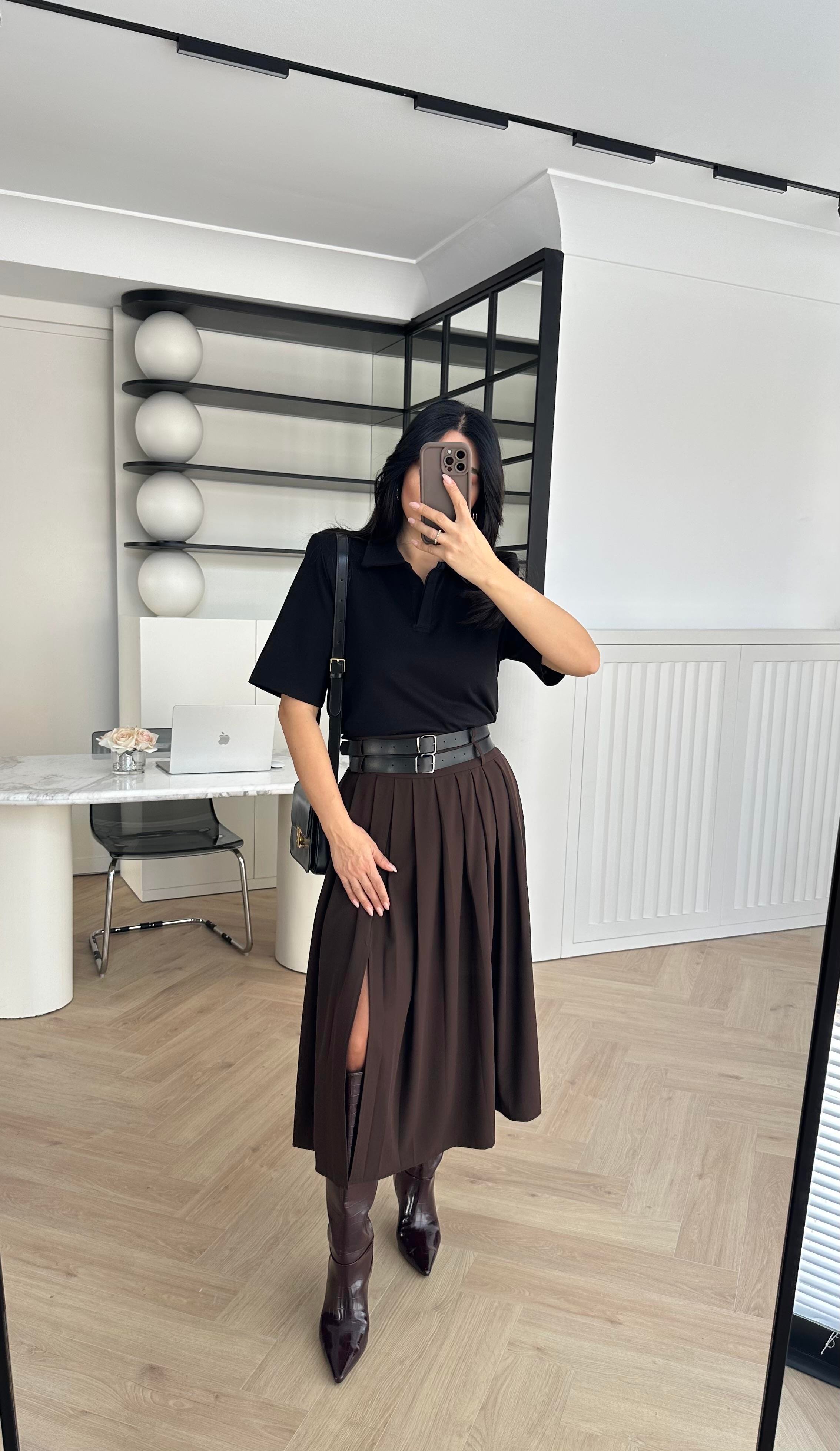 Kahve Çift Kemerli Yırtmaçlı Uzun Etek 