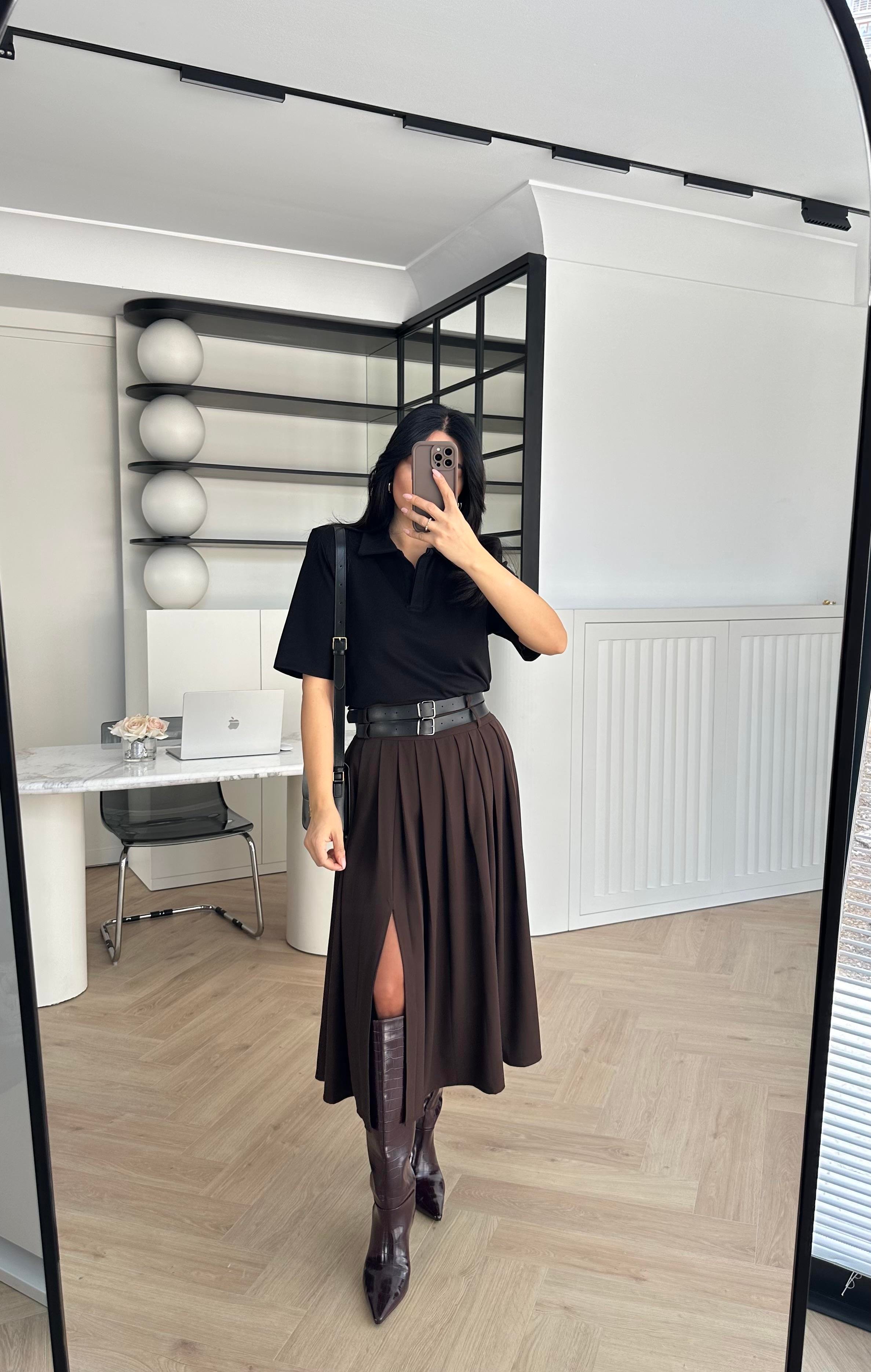 Kahve Çift Kemerli Yırtmaçlı Uzun Etek 