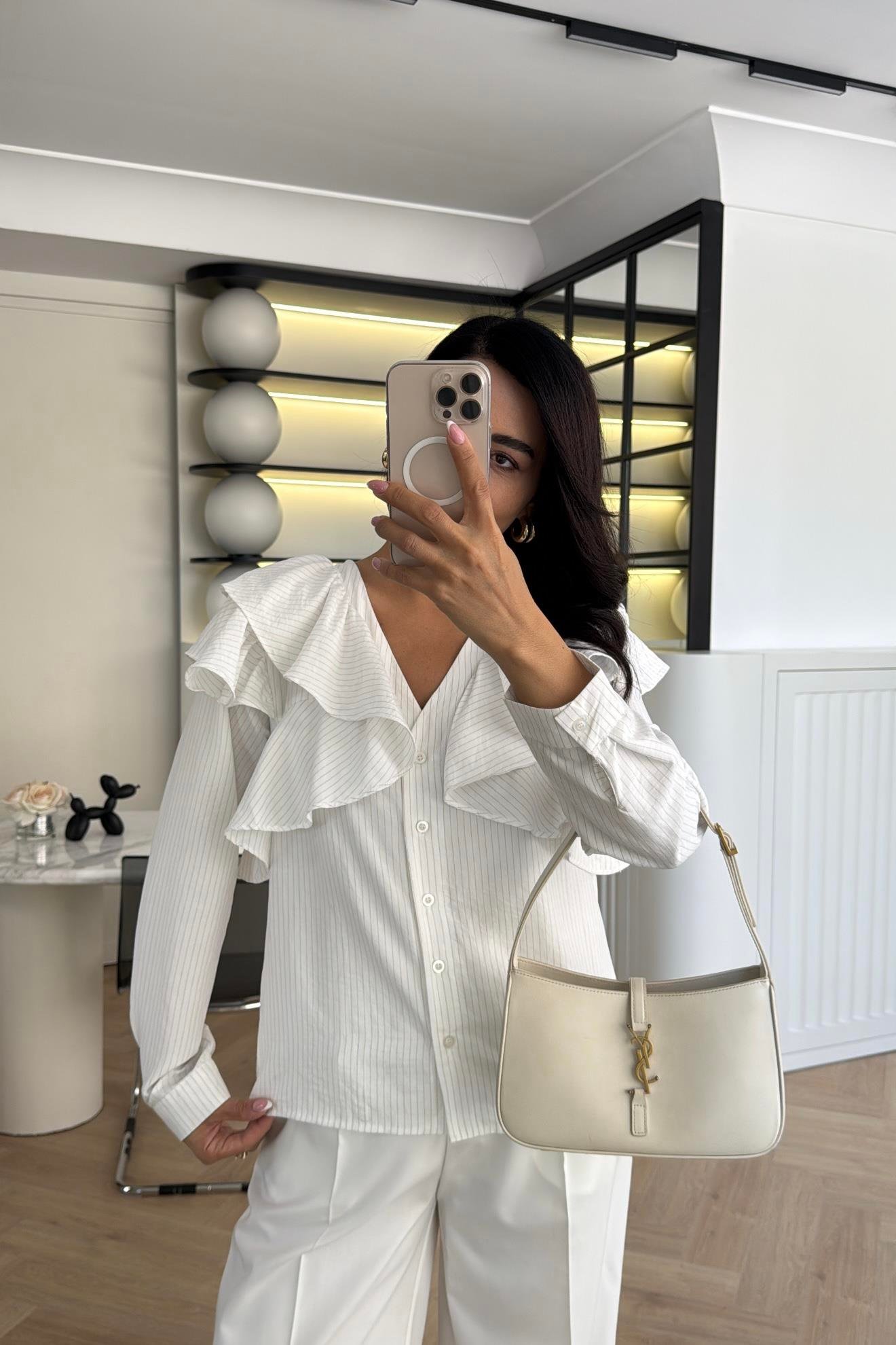 Kahve Çizgili Fırfırlı Tasarım Gömlek 