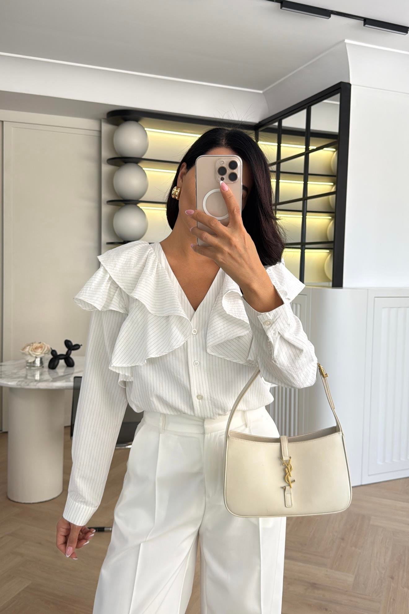 Kahve Çizgili Fırfırlı Tasarım Gömlek 