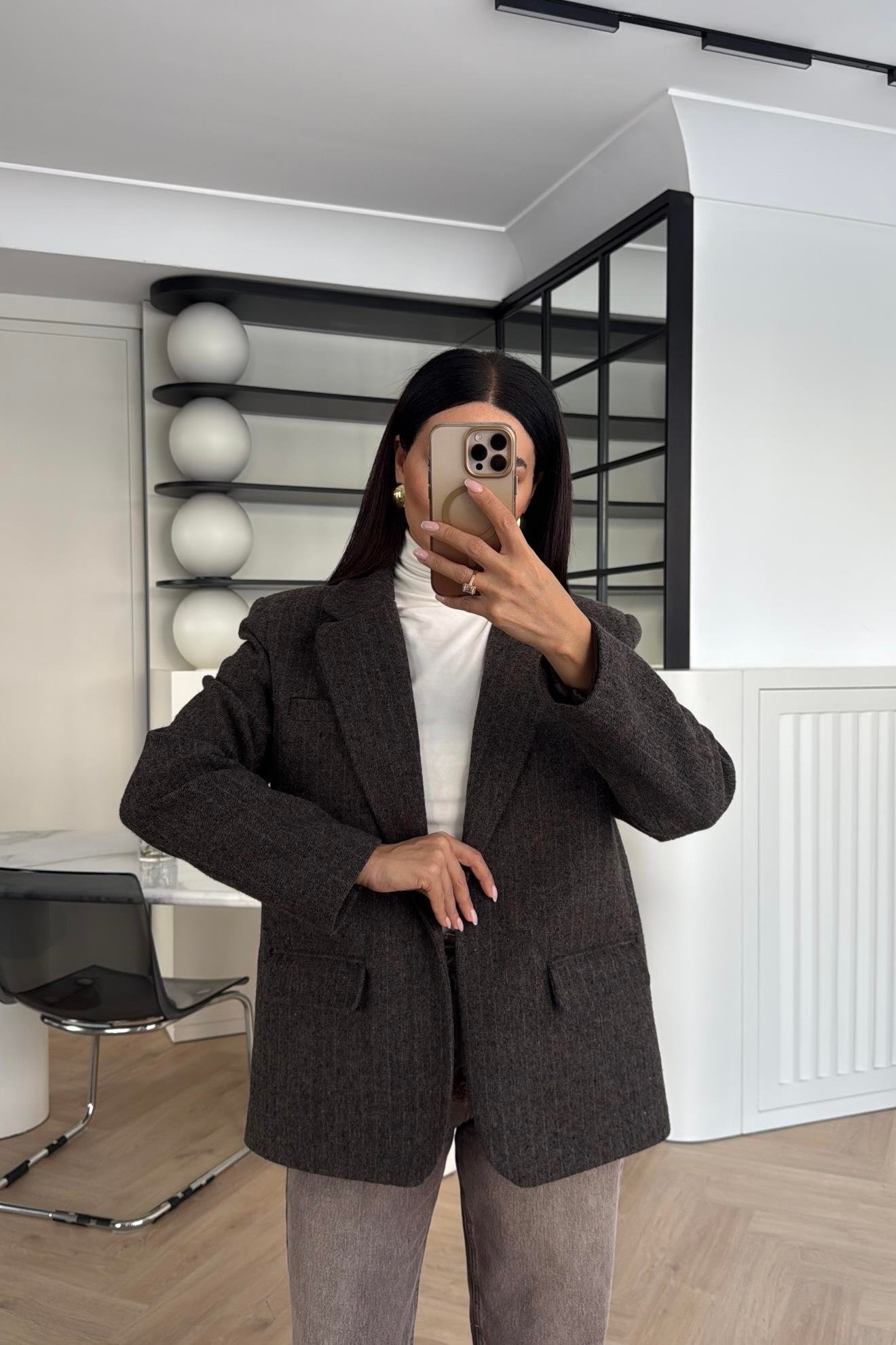 KAHVE ÇİZGİLİ KEMERLİ KAŞE CEKET