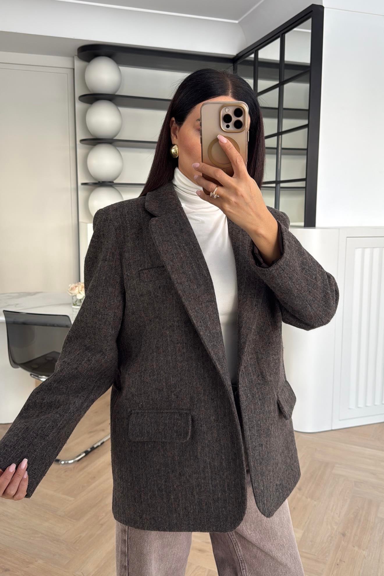 KAHVE ÇİZGİLİ KEMERLİ KAŞE CEKET