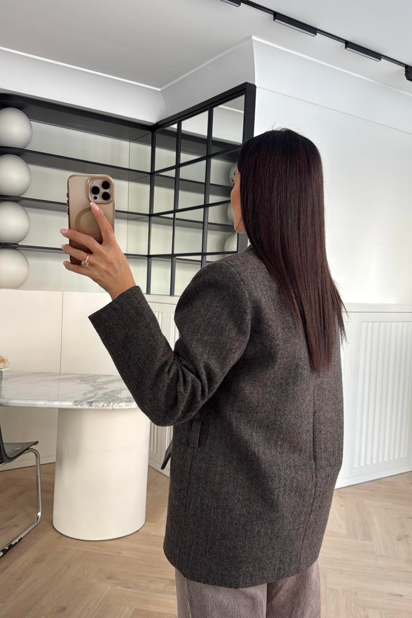 KAHVE ÇİZGİLİ KEMERLİ KAŞE CEKET