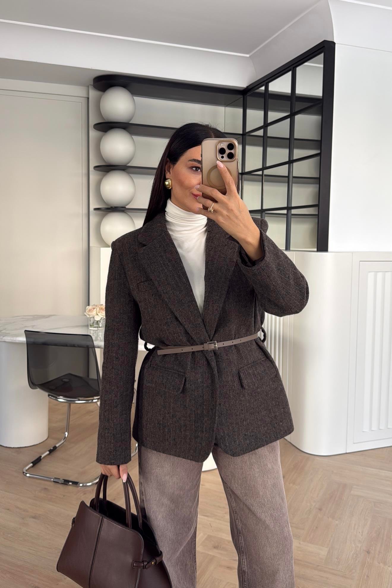 KAHVE ÇİZGİLİ KEMERLİ KAŞE CEKET