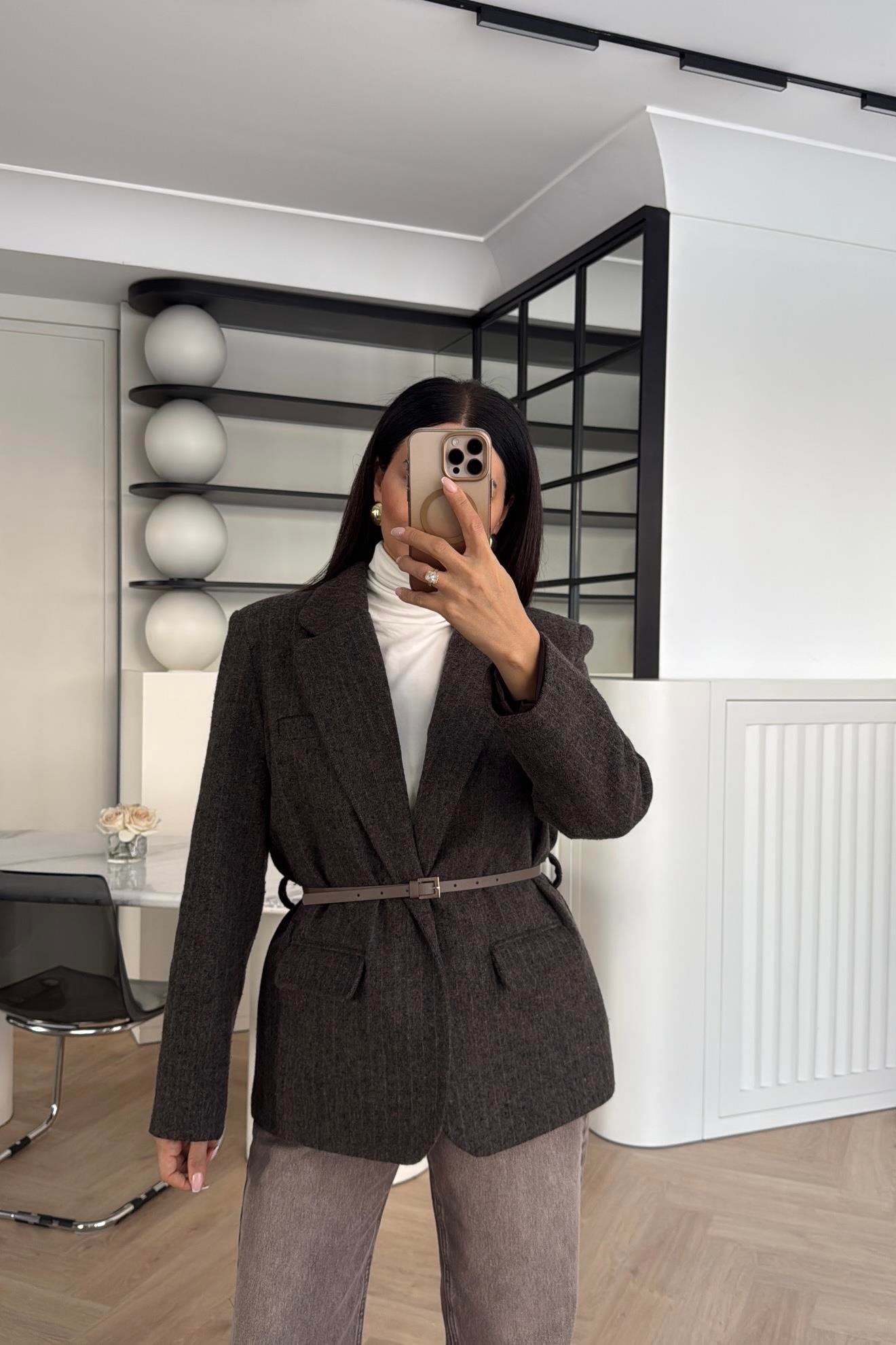 KAHVE ÇİZGİLİ KEMERLİ KAŞE CEKET