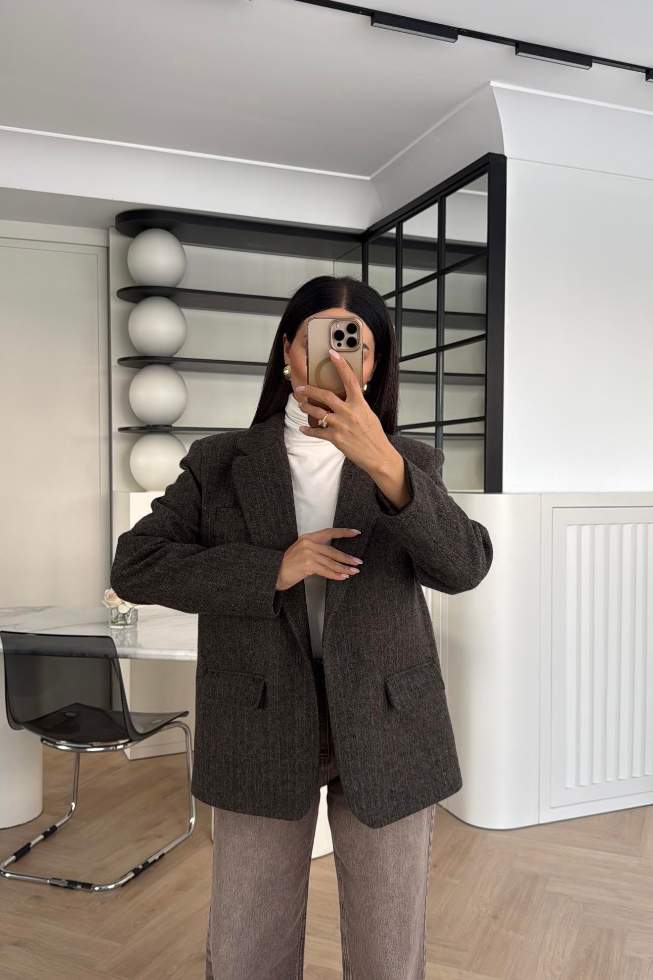 KAHVE ÇİZGİLİ KEMERLİ KAŞE CEKET