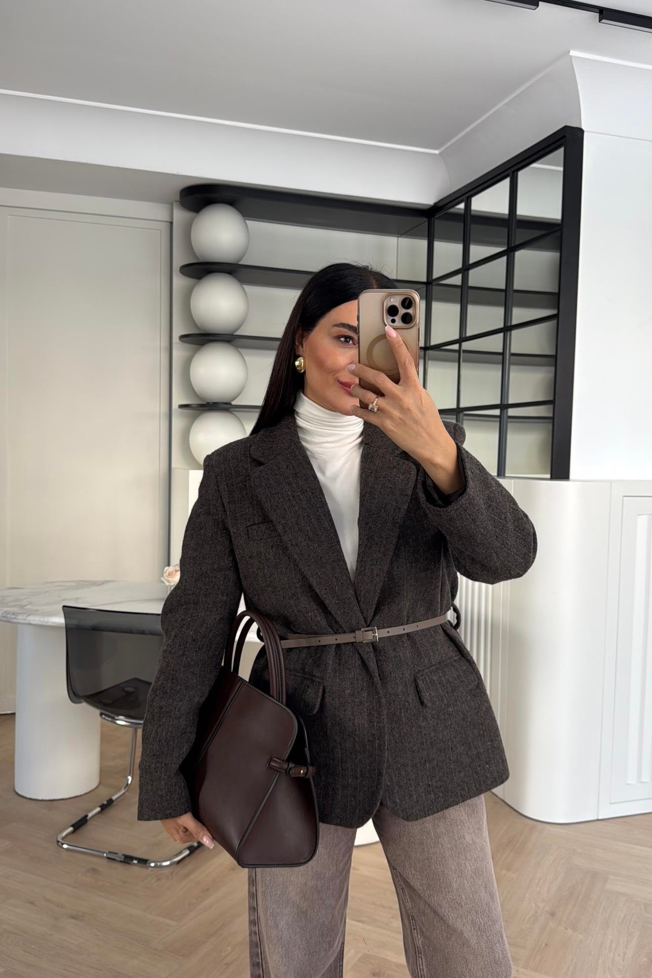 KAHVE ÇİZGİLİ KEMERLİ KAŞE CEKET