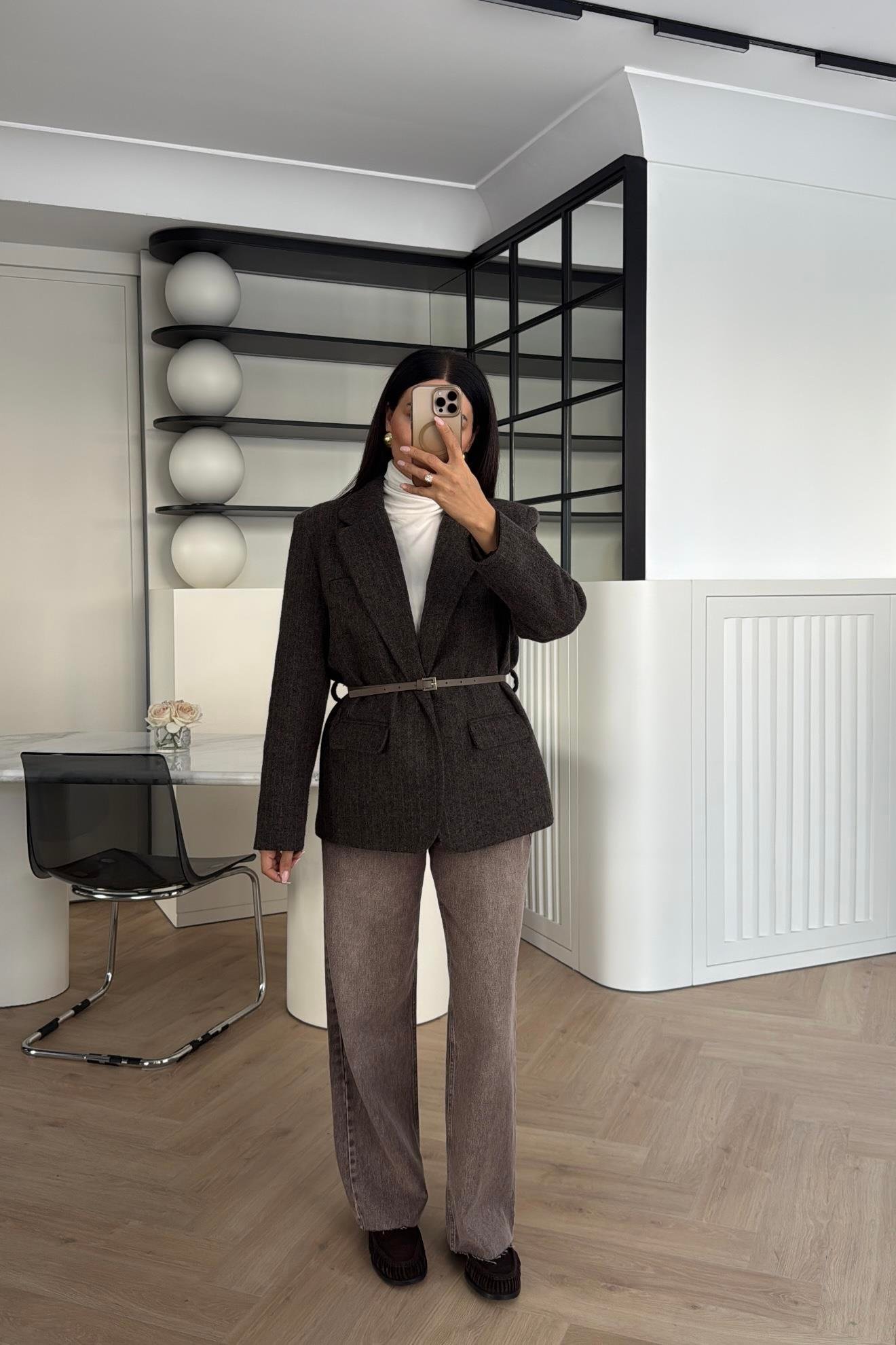 KAHVE ÇİZGİLİ KEMERLİ KAŞE CEKET