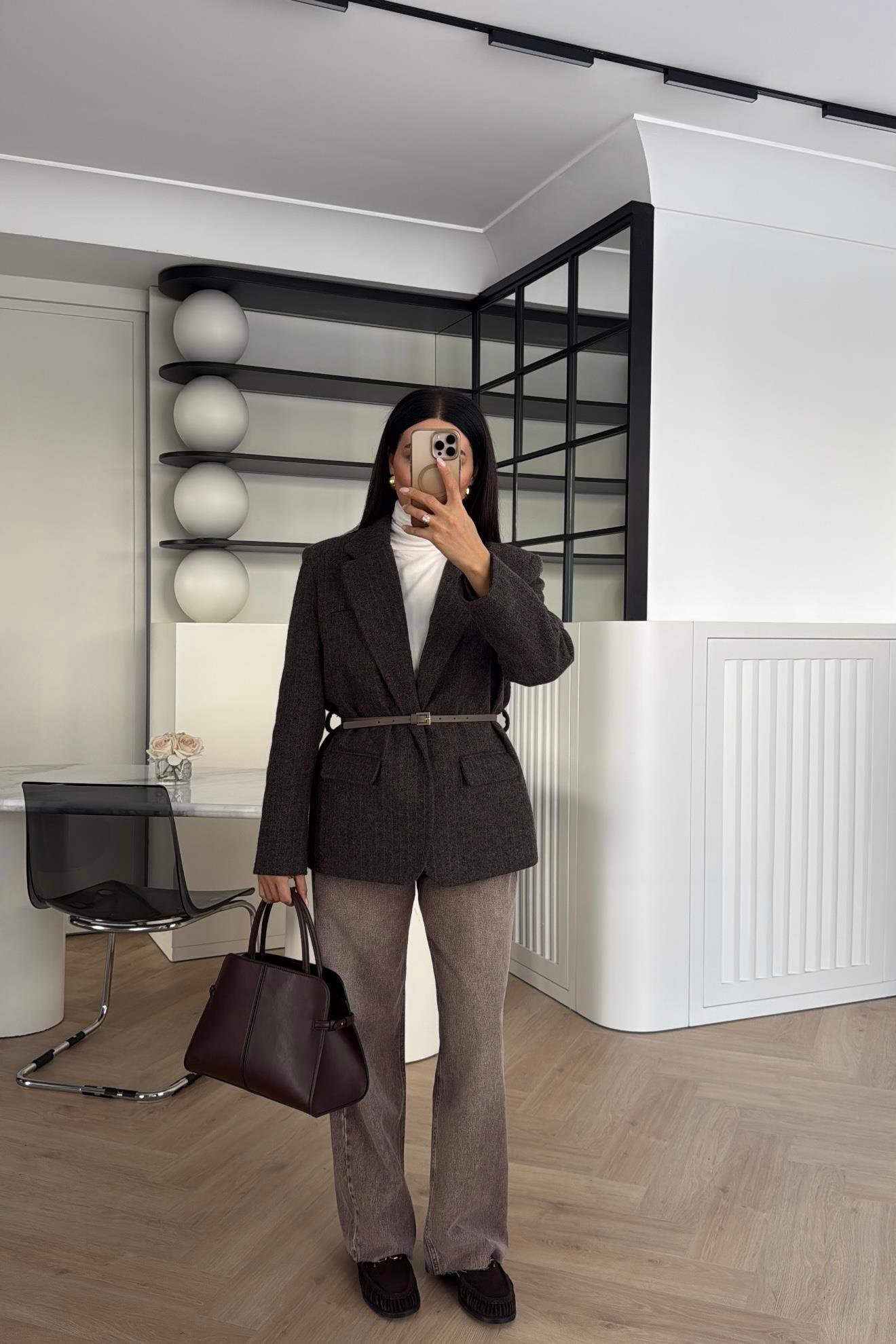 KAHVE ÇİZGİLİ KEMERLİ KAŞE CEKET