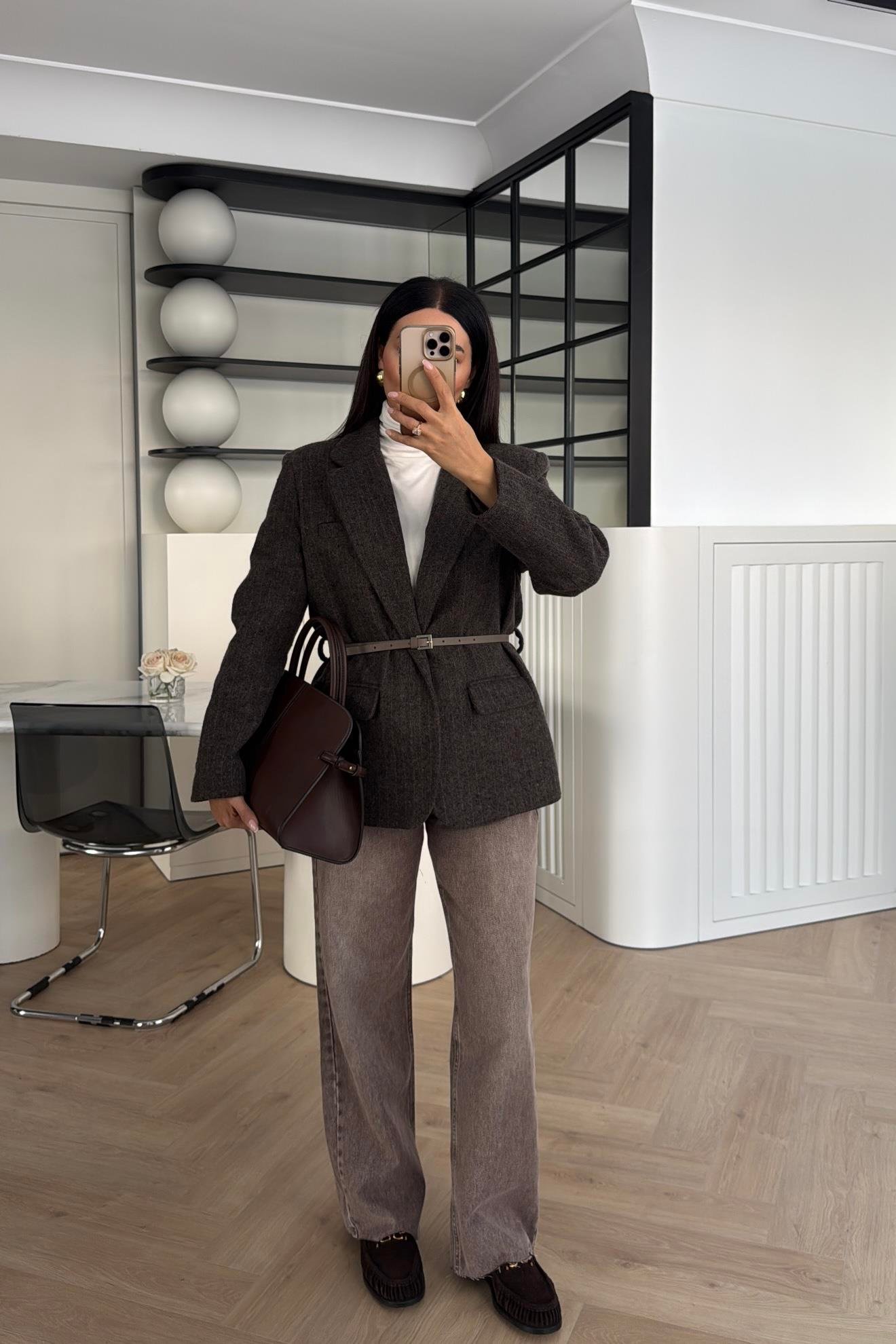 KAHVE ÇİZGİLİ KEMERLİ KAŞE CEKET