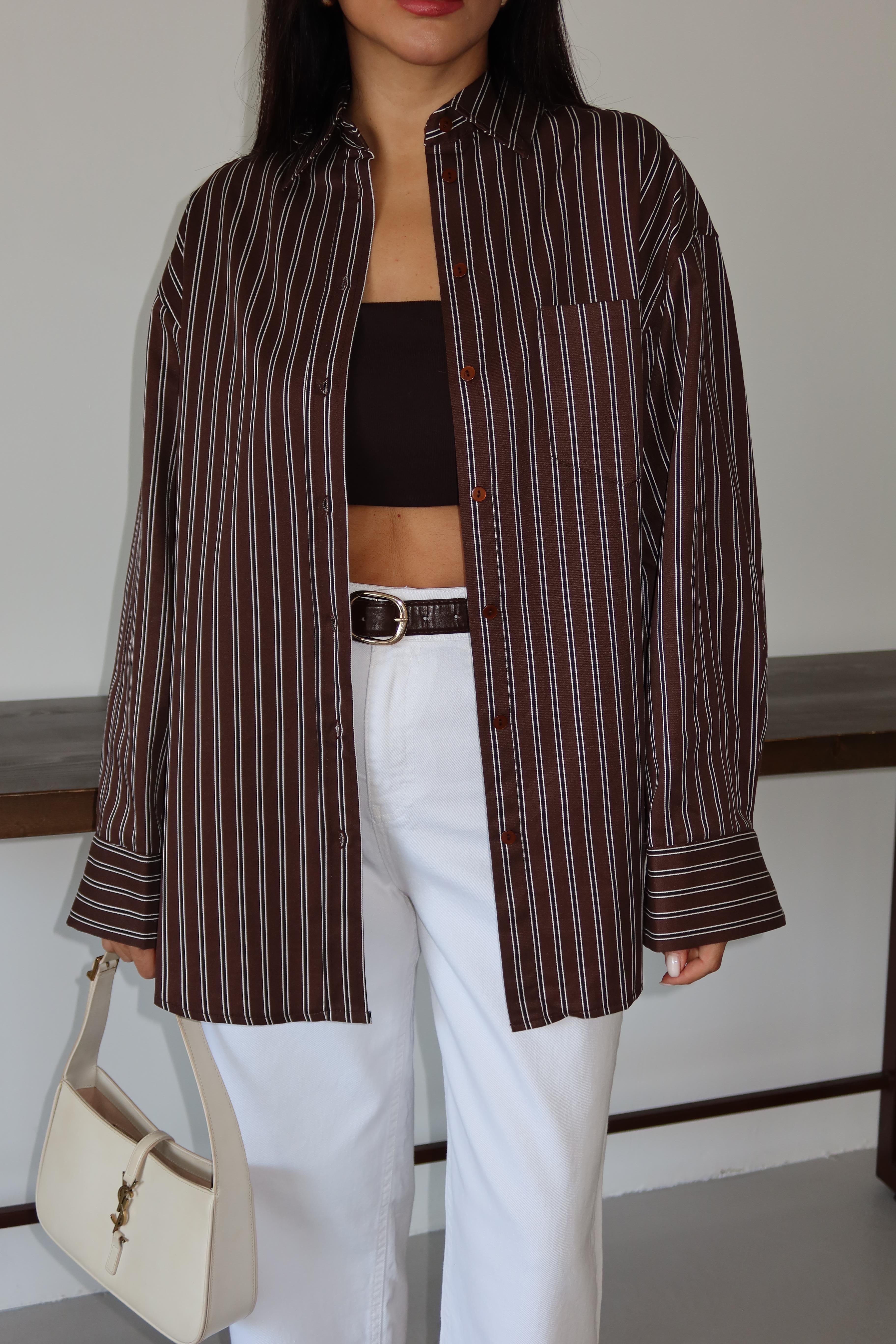 KAHVE ÇİZGİLİ OVERSİZE GÖMLEK