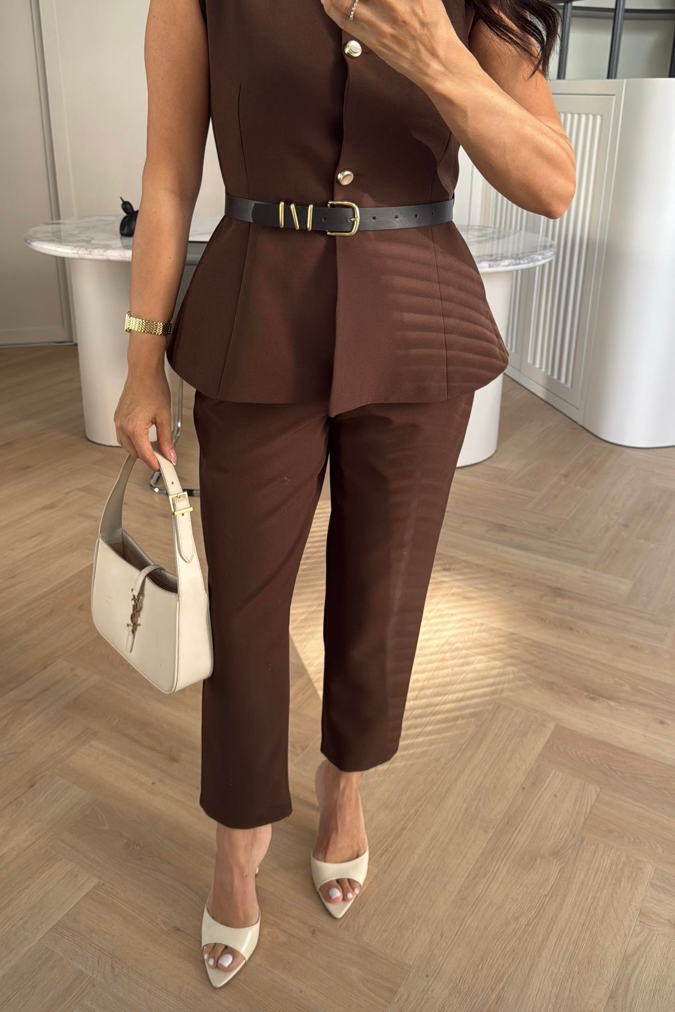 KAHVE DOUBLE KUMAŞ KEMERLİ YELEK PANTOLON TAKIM