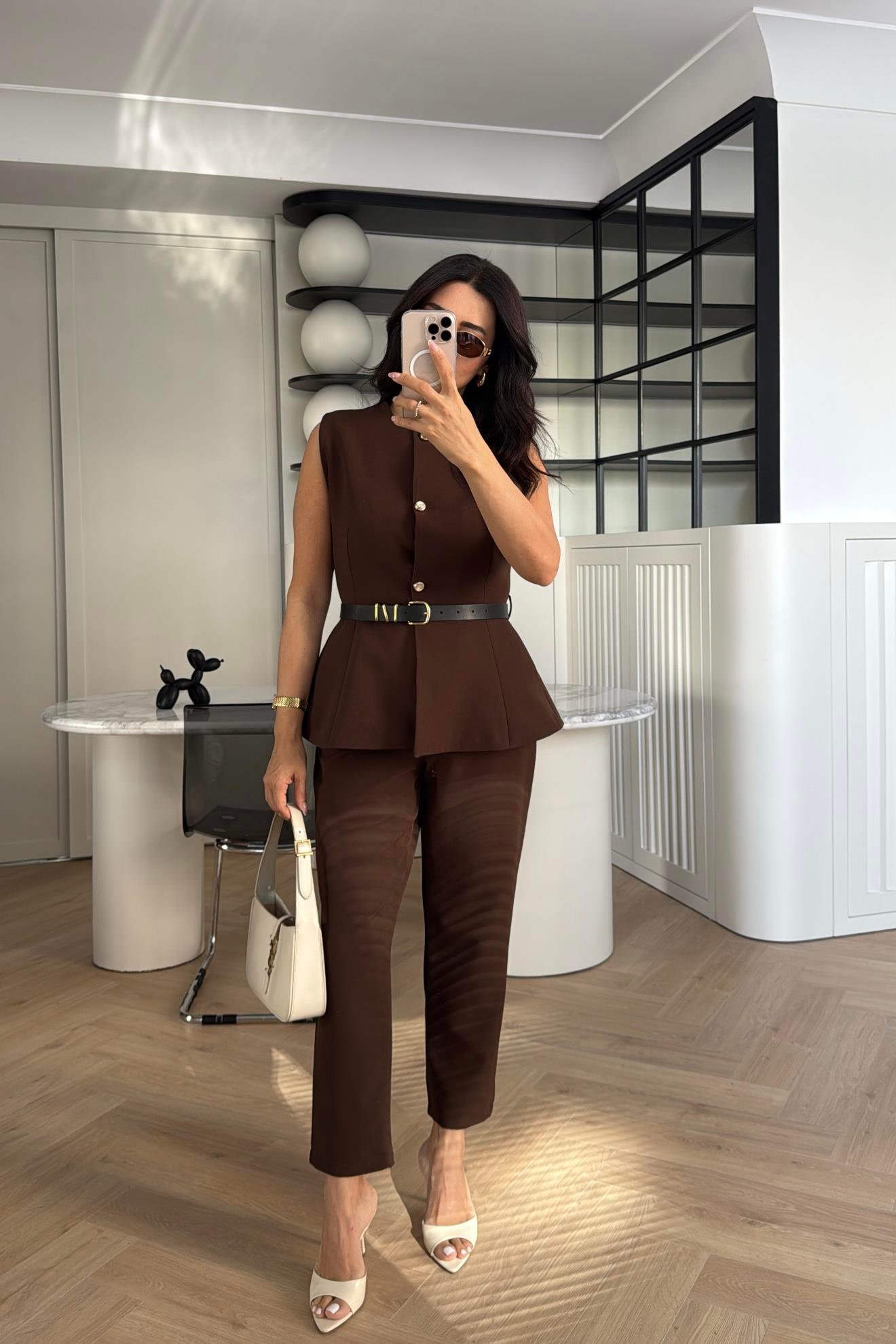 KAHVE DOUBLE KUMAŞ KEMERLİ YELEK PANTOLON TAKIM