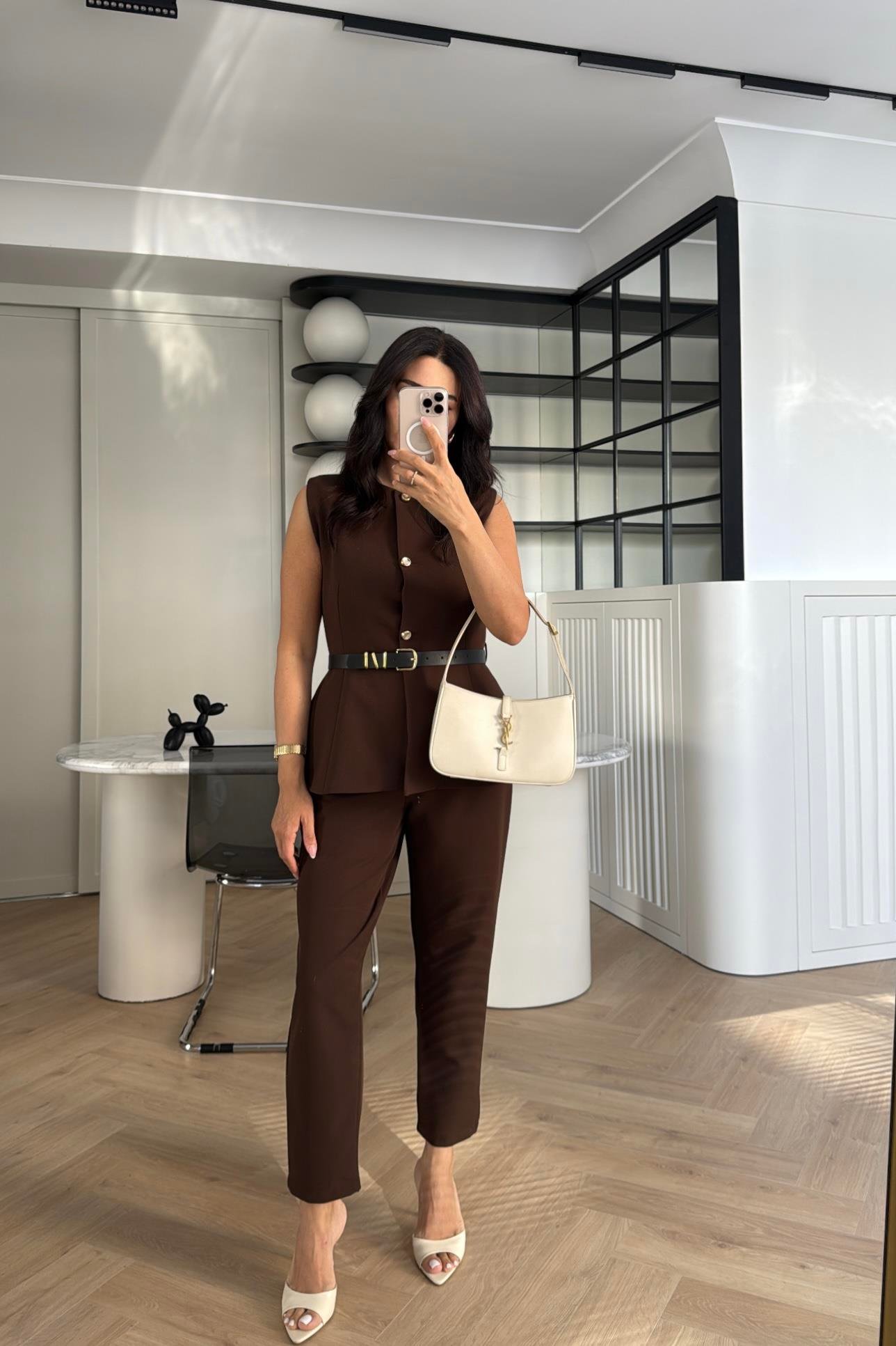 KAHVE DOUBLE KUMAŞ KEMERLİ YELEK PANTOLON TAKIM