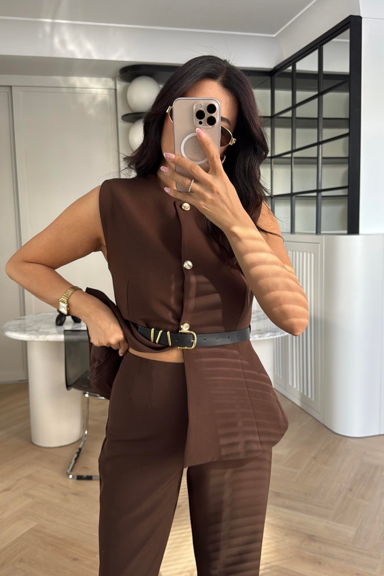 KAHVE DOUBLE KUMAŞ KEMERLİ YELEK PANTOLON TAKIM
